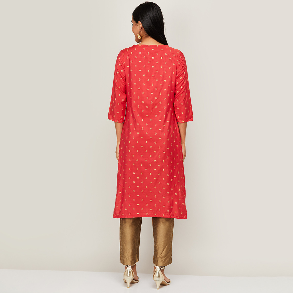 كورتا من ميلانج بياقة مدببة مطبوعة باللون المرجاني للنساء مع جيوب جانبية-women-clothing-ethnicwear-kurtas-image-5
