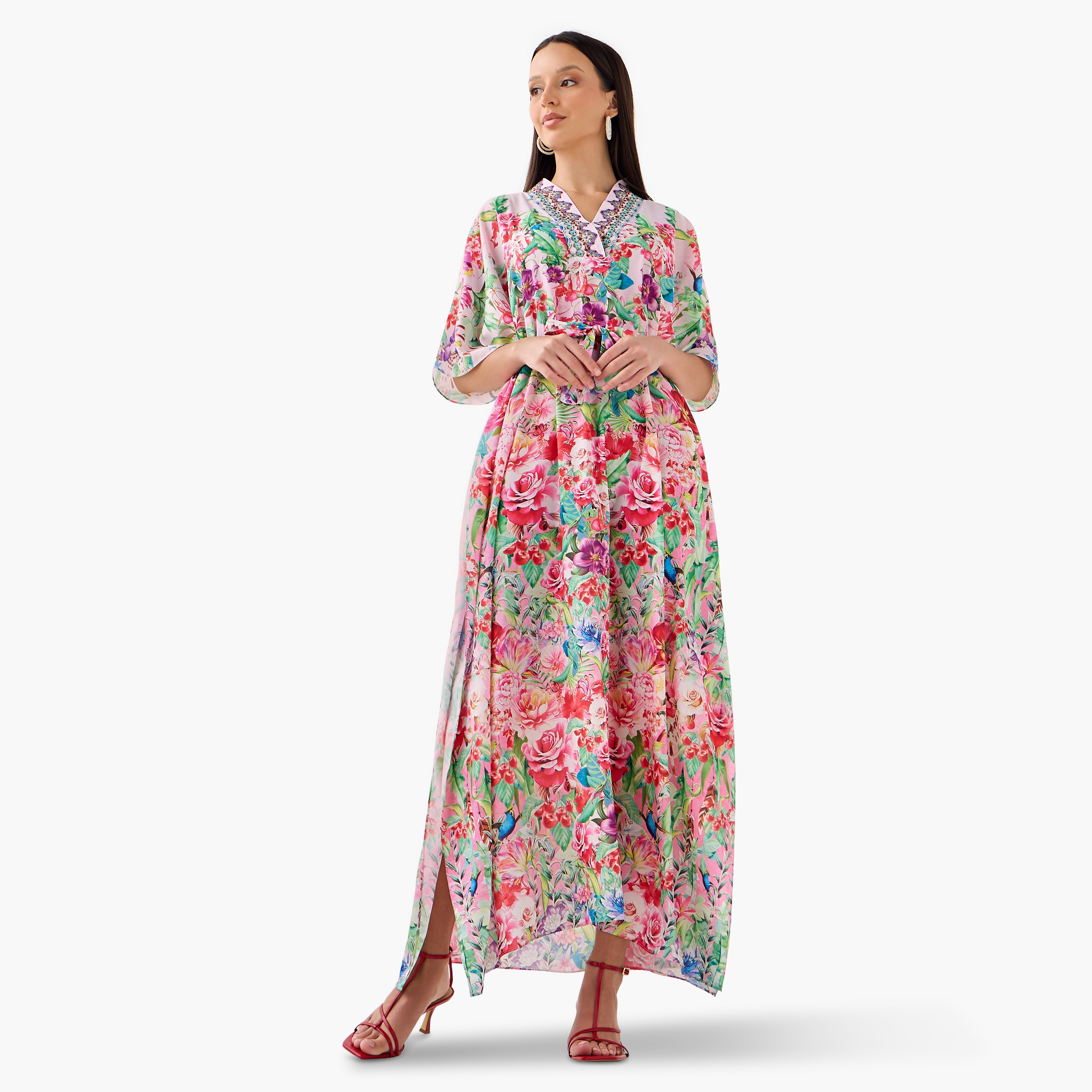 FYOR All-Over Floral Print Kaftan Dress with Tie-Up Belt-women-clothing-dresses-image-1