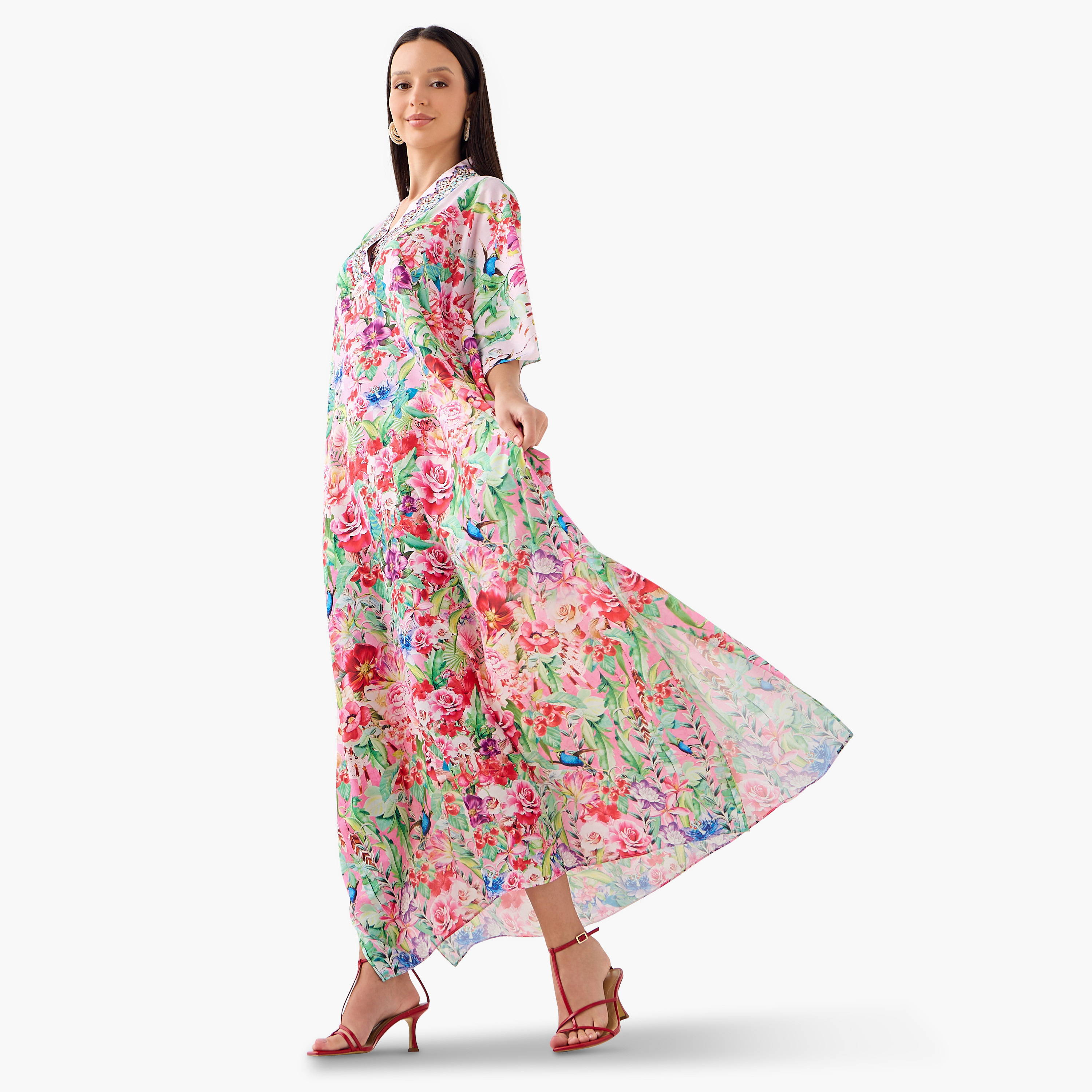 FYOR All-Over Floral Print Kaftan Dress with Tie-Up Belt-women-clothing-dresses-image-2