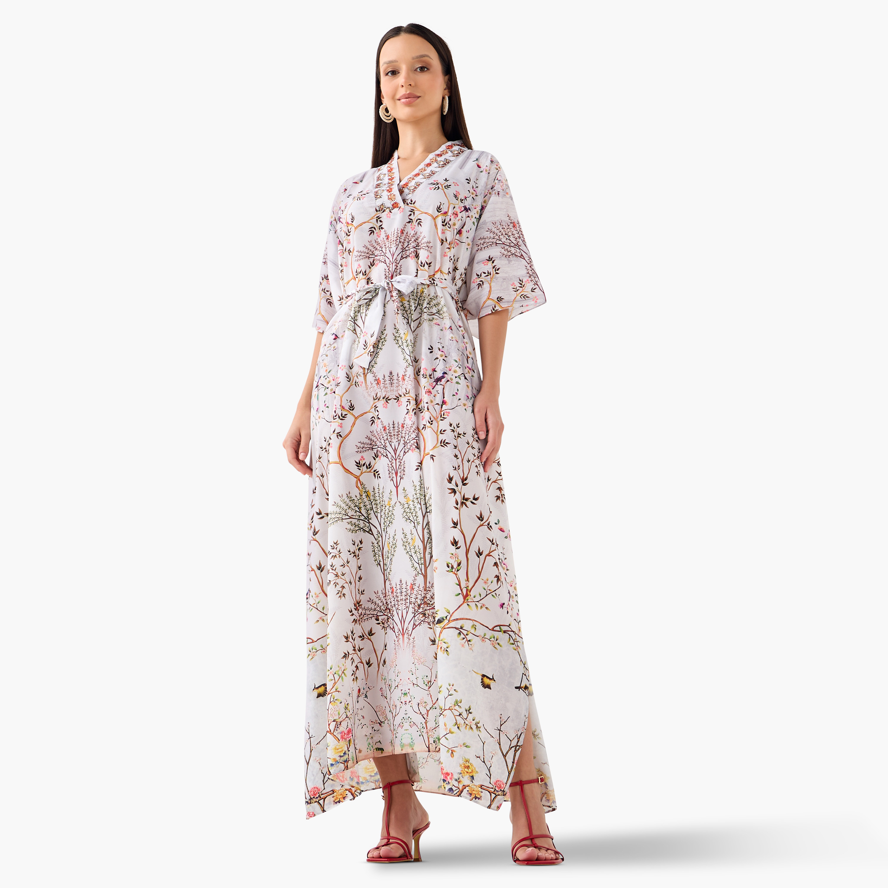 FYOR All-Over Botanical Print Kaftan Dress with Tie-Up Belt-women-clothing-dresses-image-1
