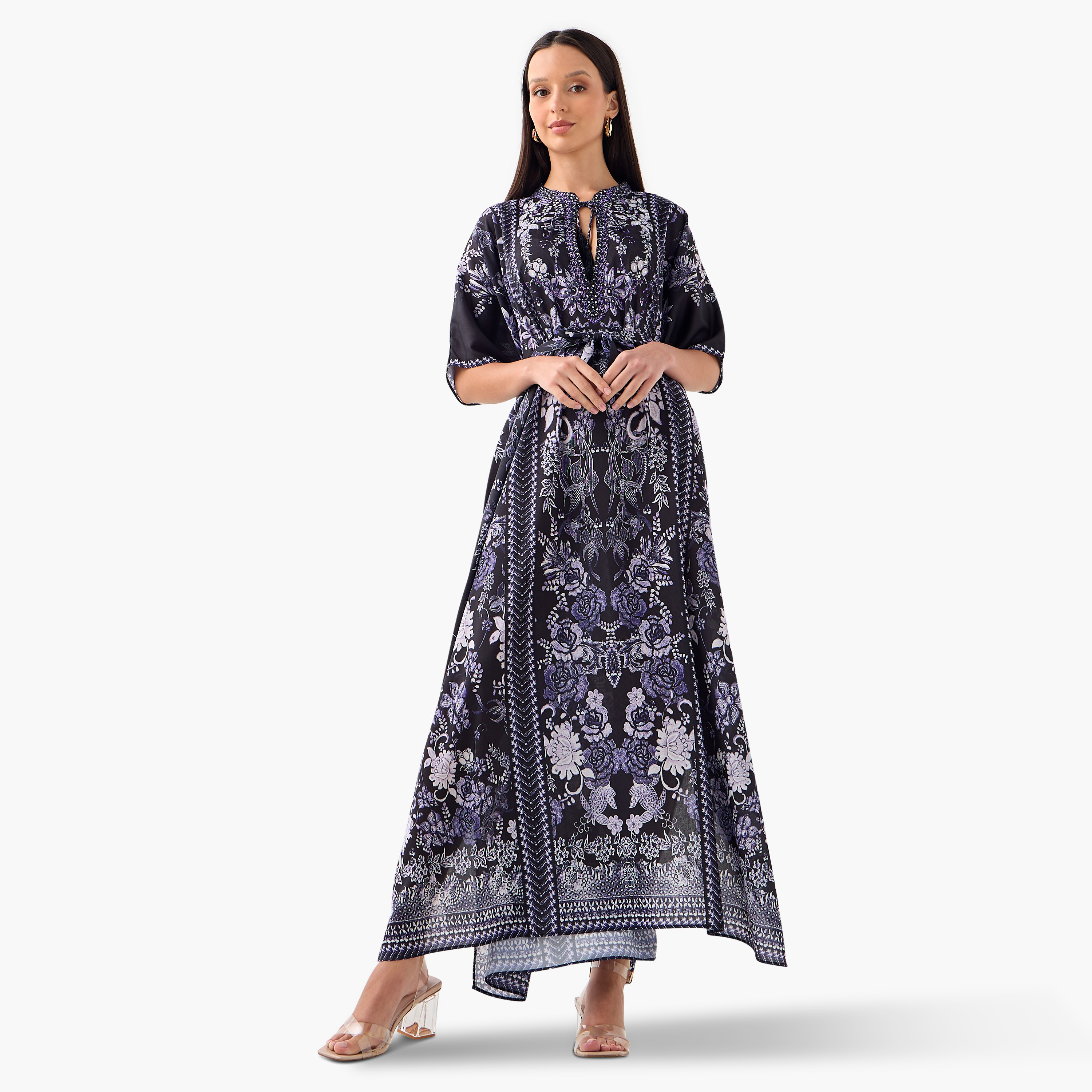 FYOR All-Over Floral Print Kaftan Dress with Tie-Up Belt-women-clothing-dresses-image-1