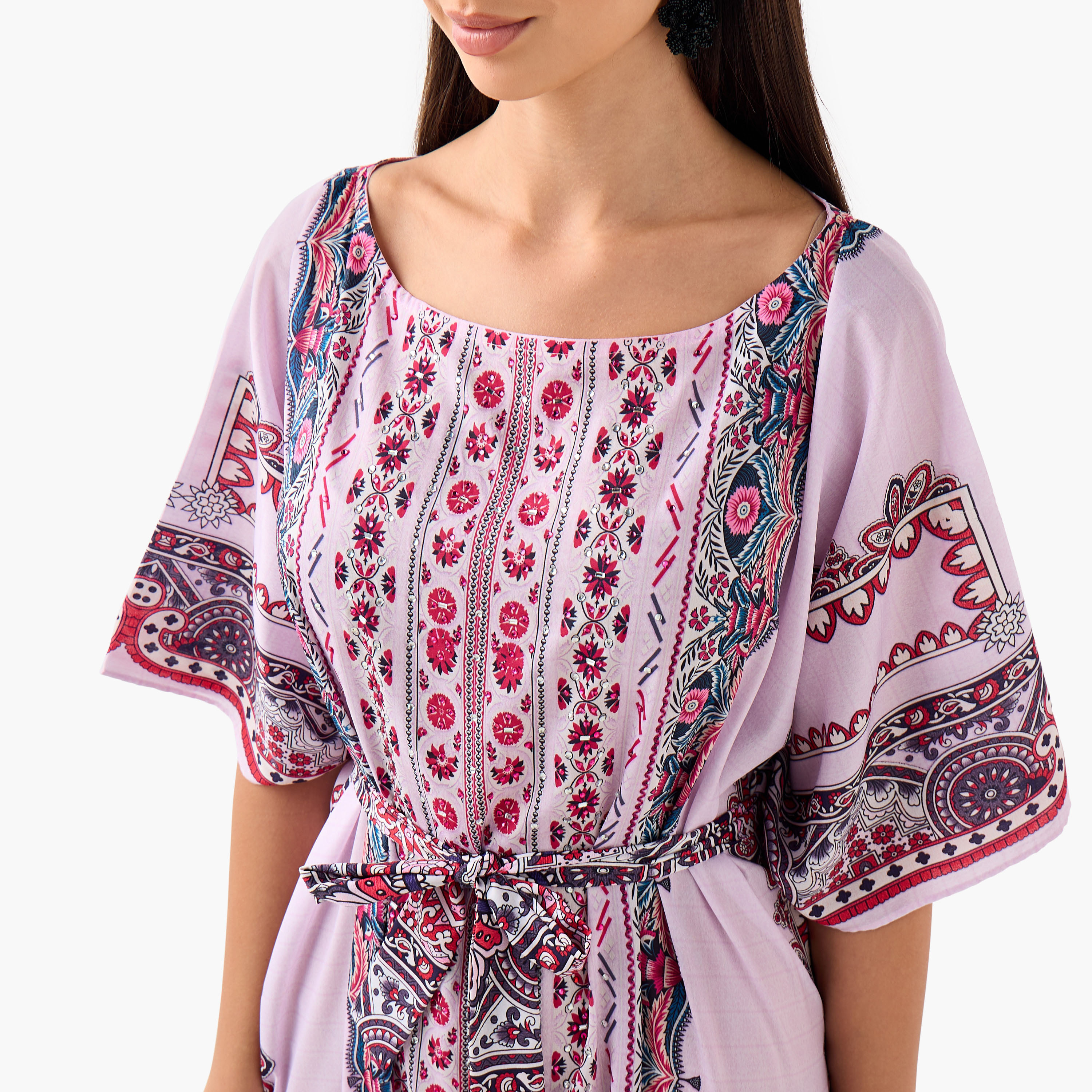 FYOR All-Over Print Kaftan Dress with Tie-Up Belt-women-clothing-dresses-image-4