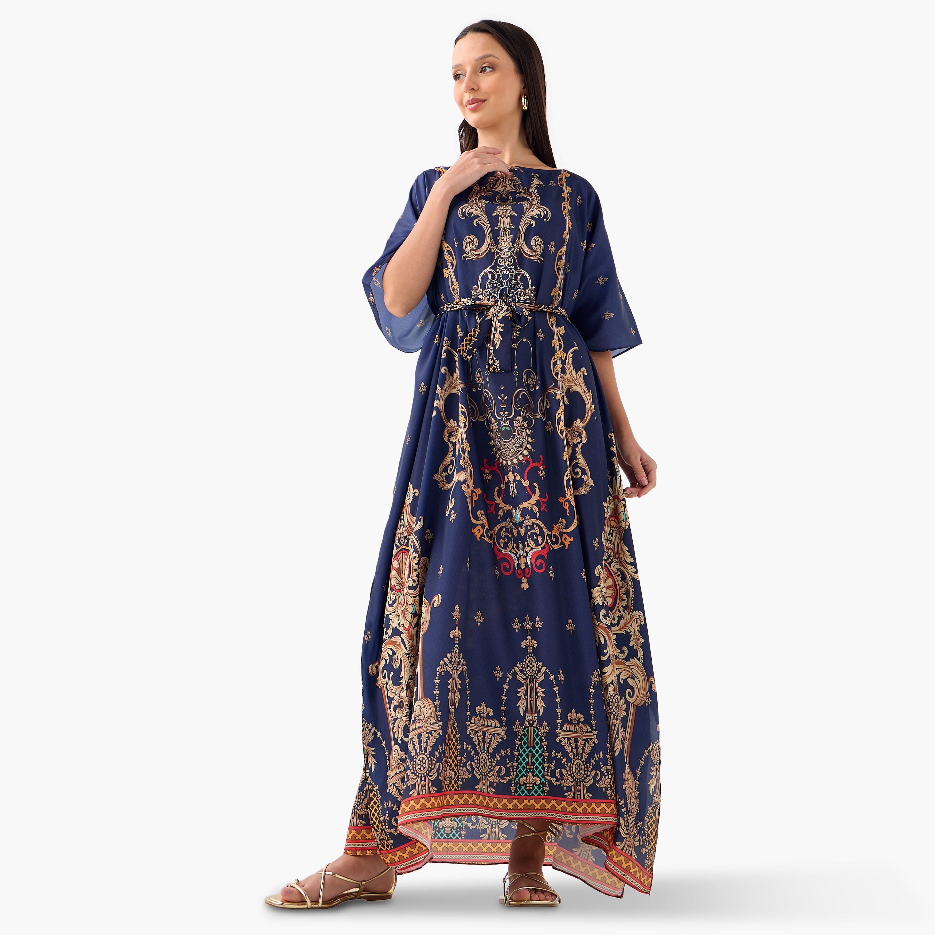 FYOR All-Over Print Kaftan Dress with Tie-Up Belt-women-clothing-dresses-image-1