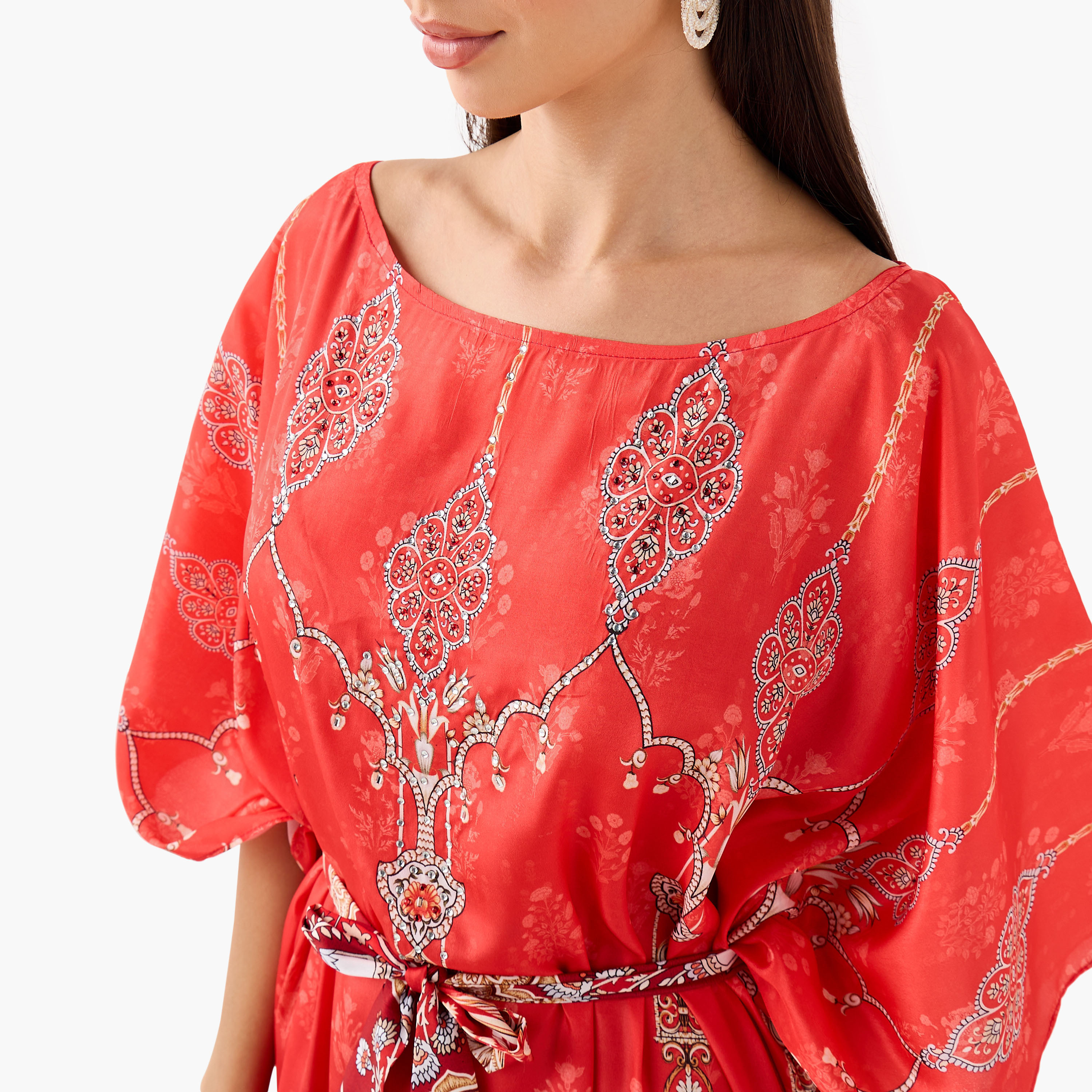 FYOR All-Over Print Kaftan Dress with Tie-Up Belt-women-clothing-dresses-image-4