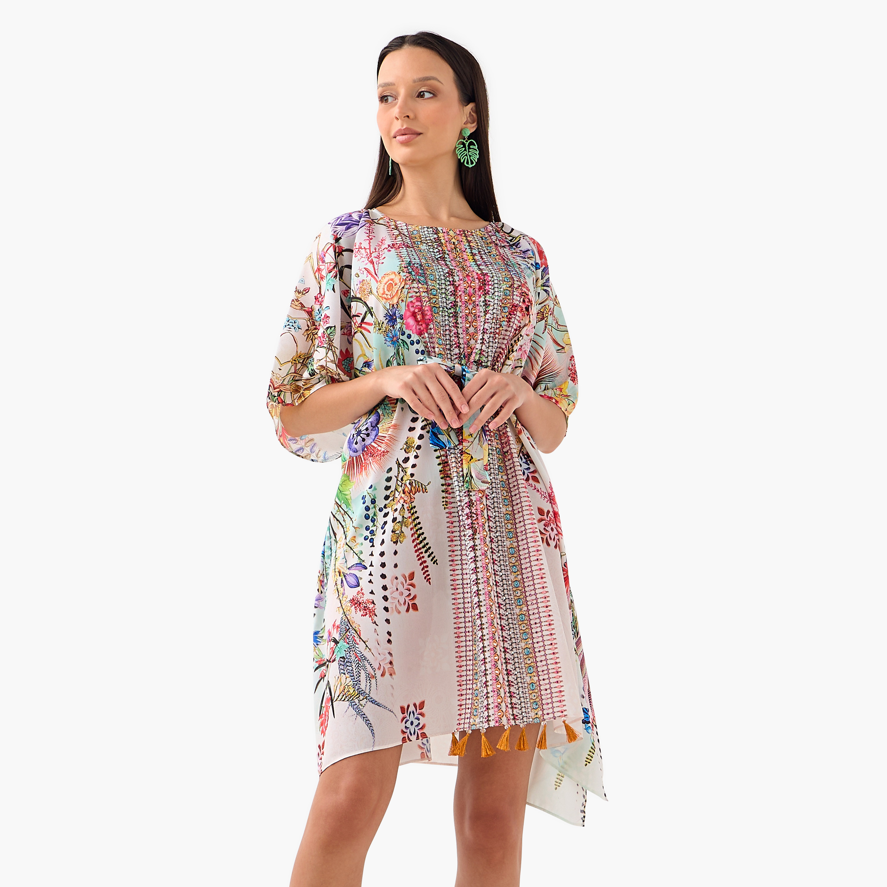 فستان قفطان بحزام رباط وطبعات زهرية من فيور-women-clothing-dresses-image-1