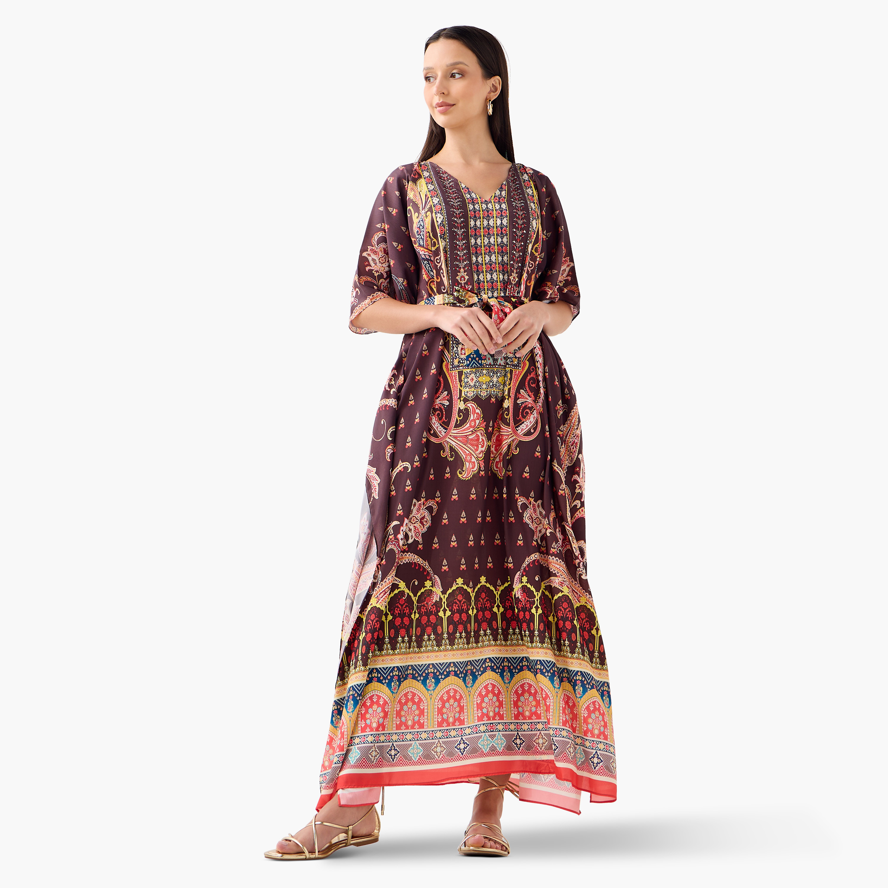 FYOR All-Over Print Kaftan Dress with Tie-Up Belt-women-clothing-dresses-image-1