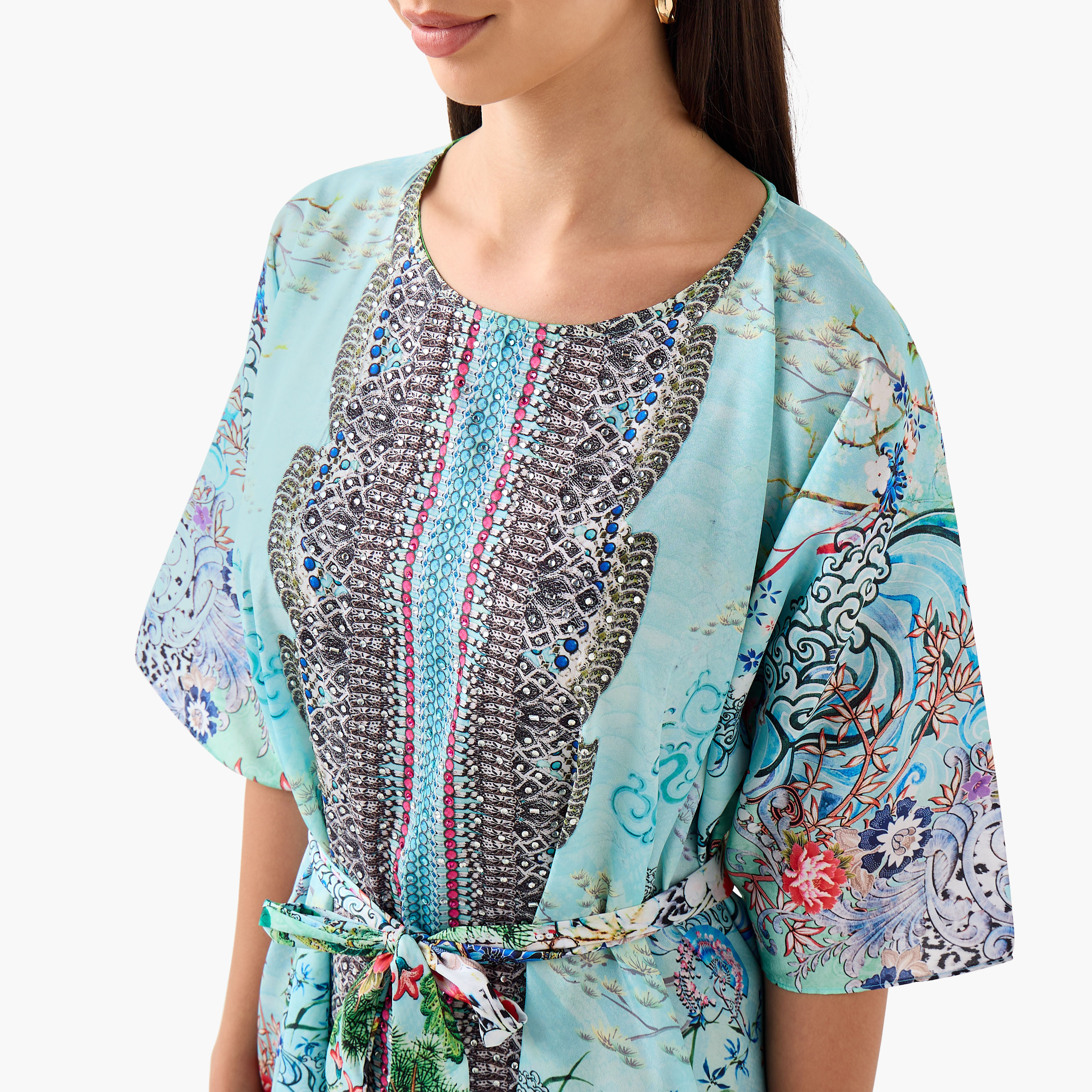 FYOR All-Over Print Kaftan Dress with Tie-Up Belt-women-clothing-dresses-image-4