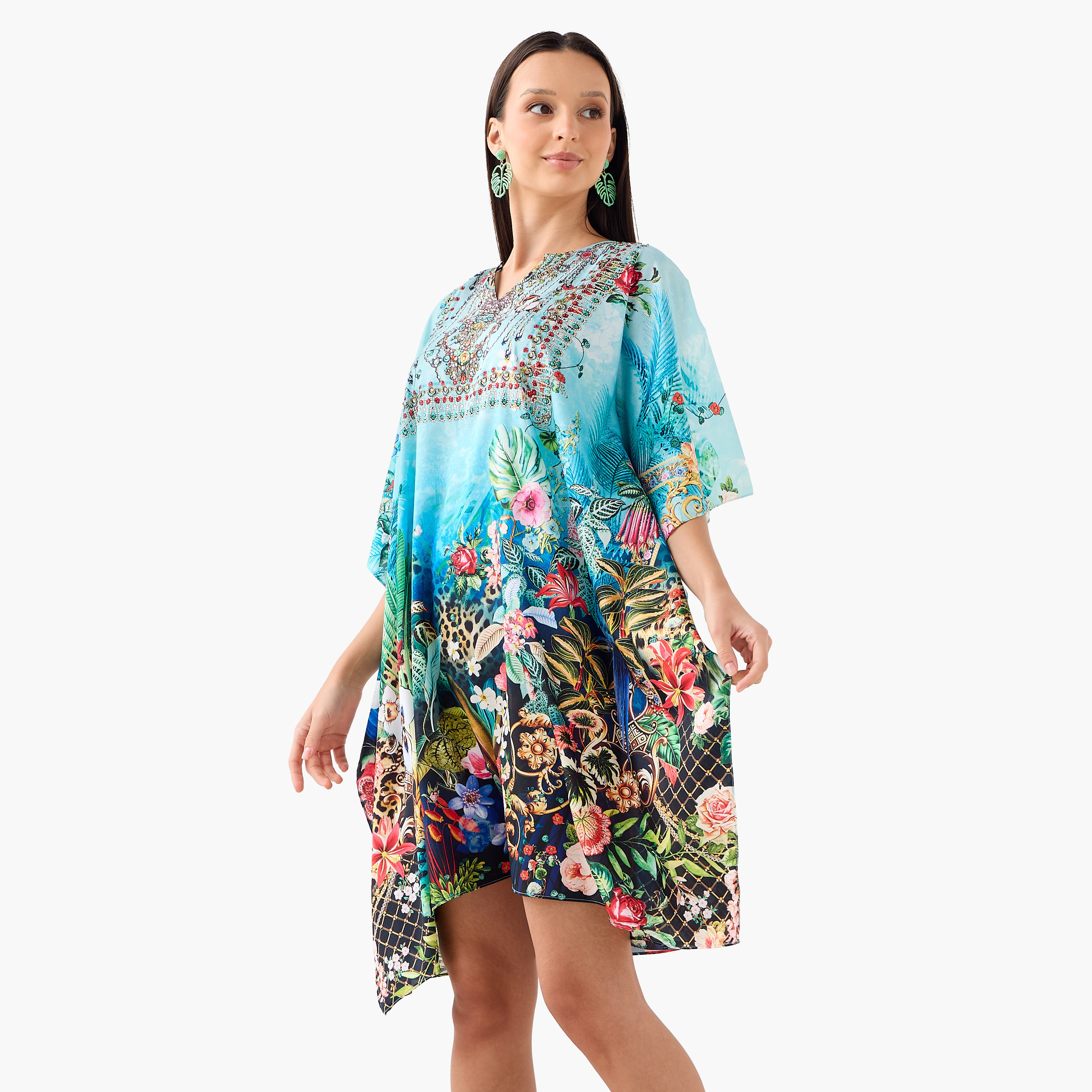 FYOR All-Over Tropical Print Kaftan Dress with Tie-Up Belt-women-clothing-dresses-image-1