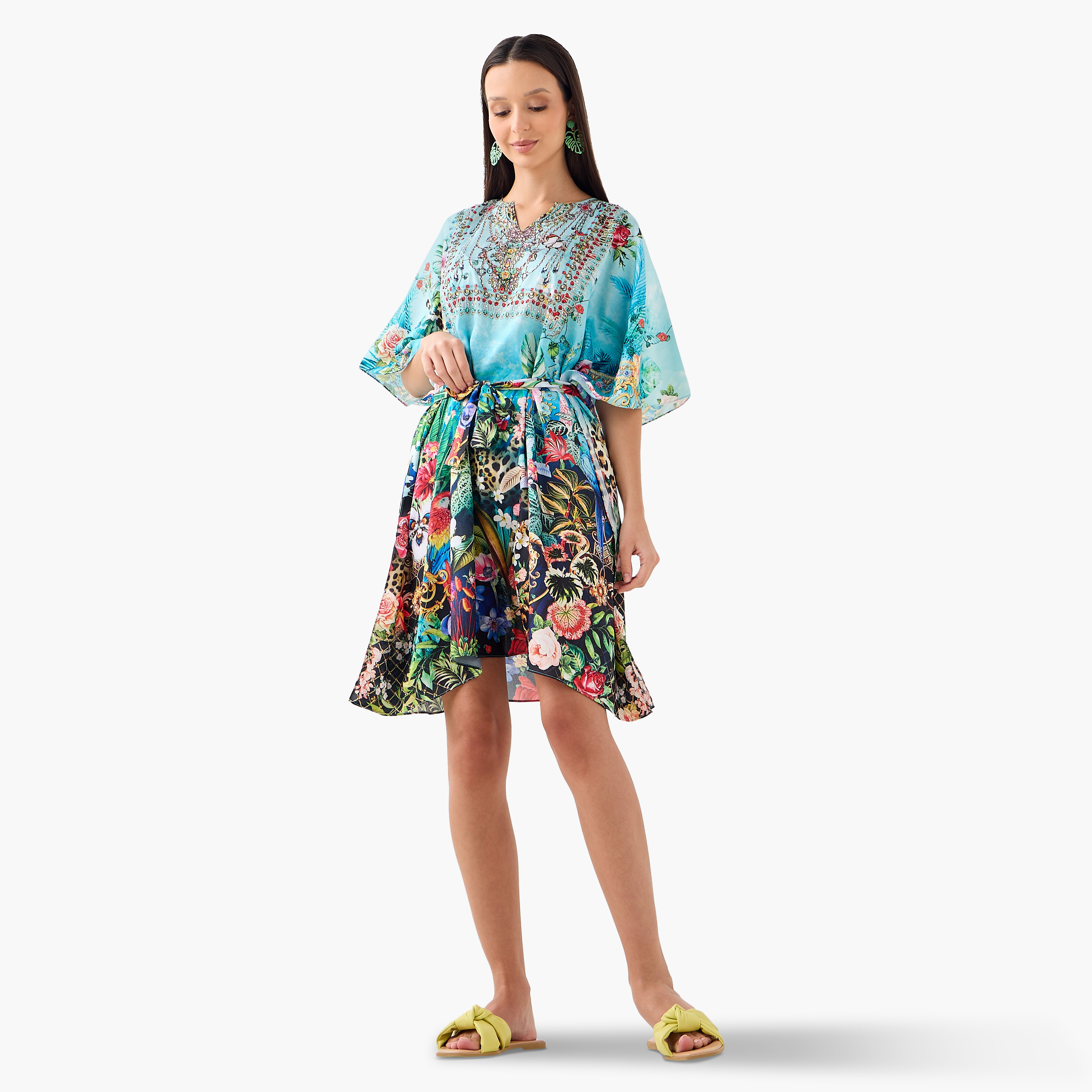 FYOR All-Over Tropical Print Kaftan Dress with Tie-Up Belt-women-clothing-dresses-image-2