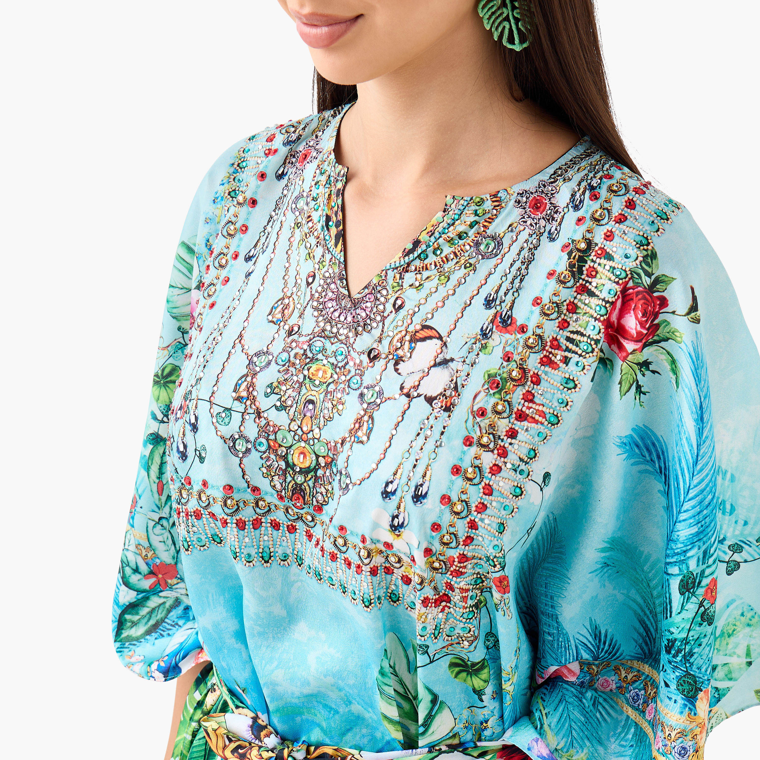 FYOR All-Over Tropical Print Kaftan Dress with Tie-Up Belt-women-clothing-dresses-image-4