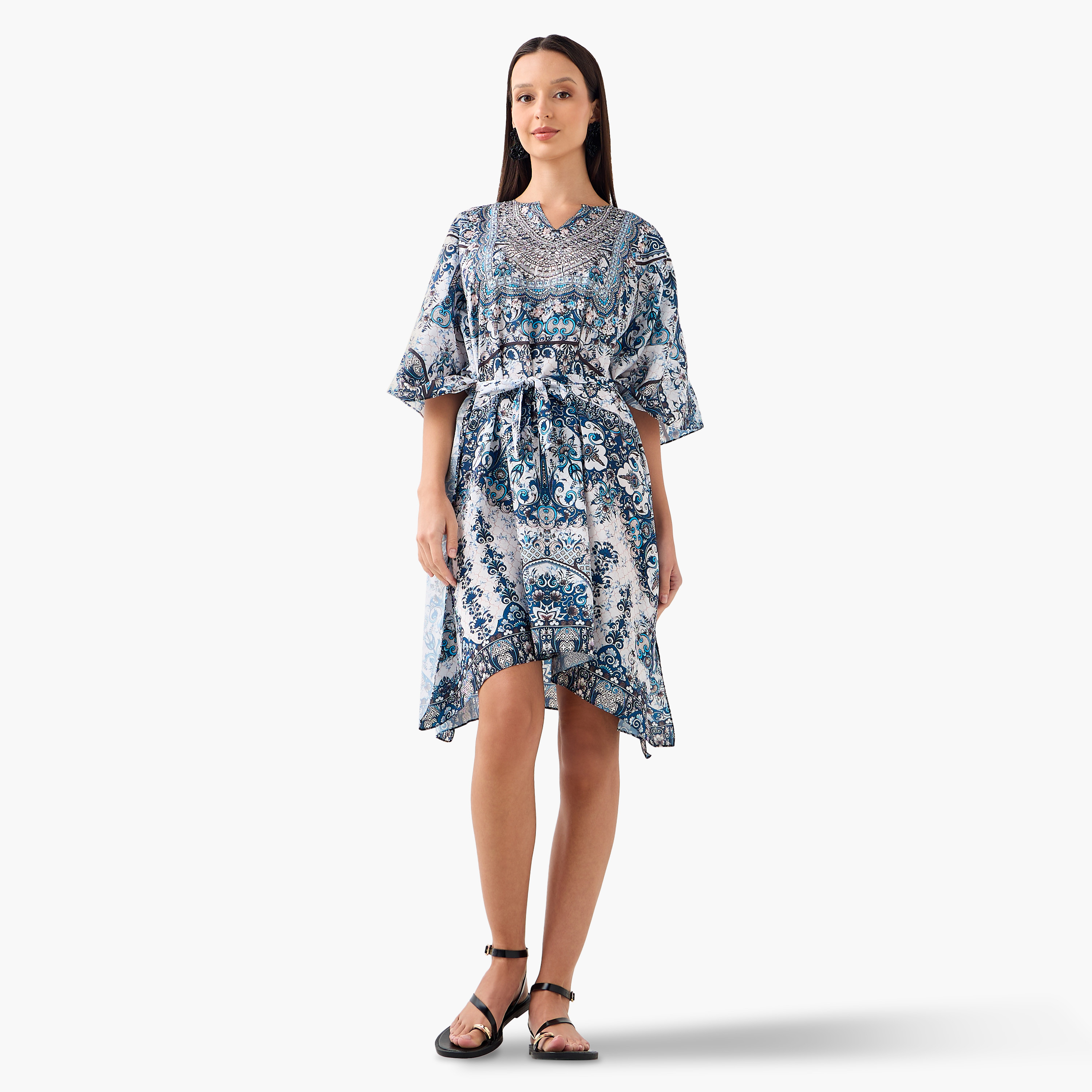 FYOR All-Over Print Kaftan Dress with Tie-Up Belt-women-clothing-dresses-image-2