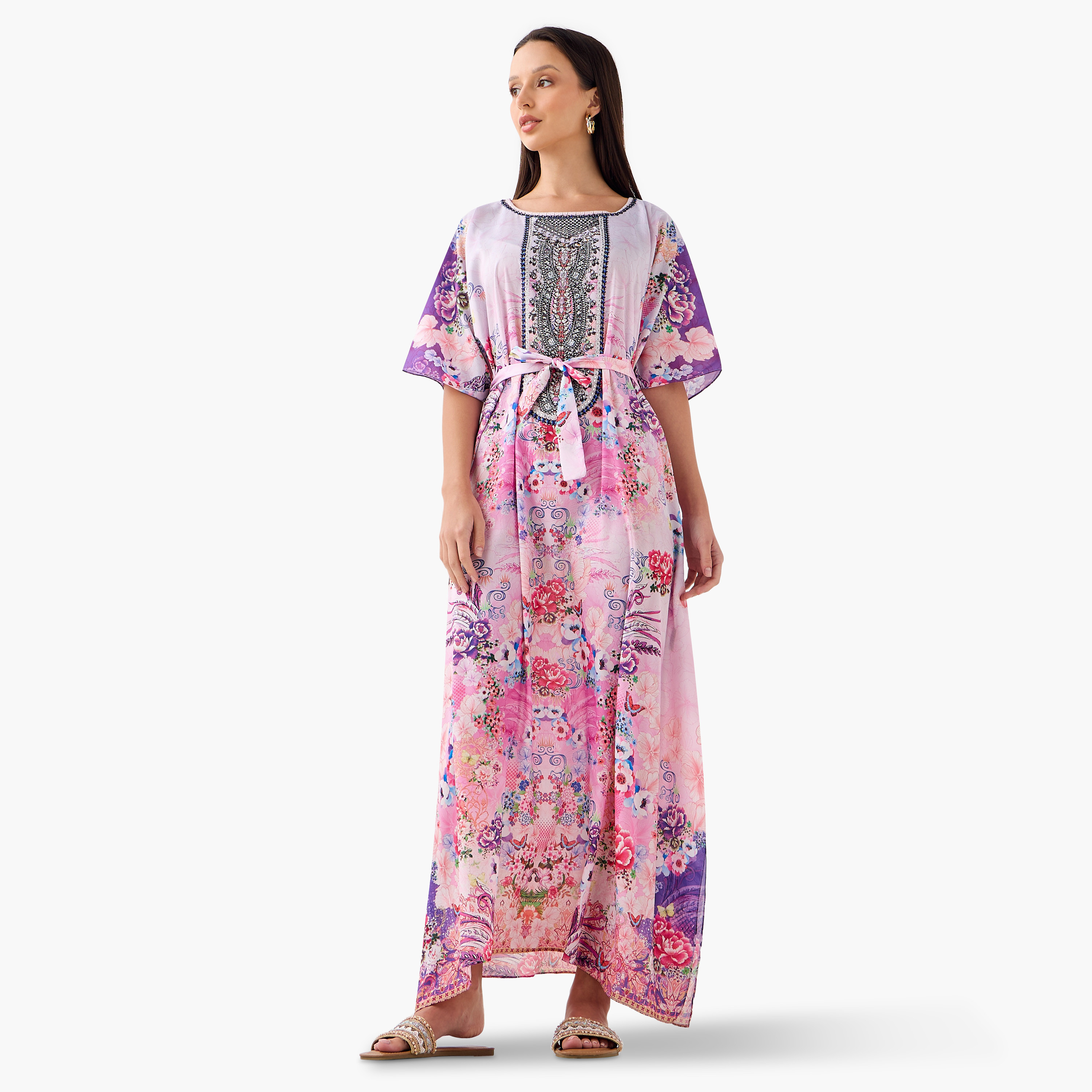FYOR All-Over Print Kaftan Dress with Tie-Up Belt-women-clothing-dresses-image-1