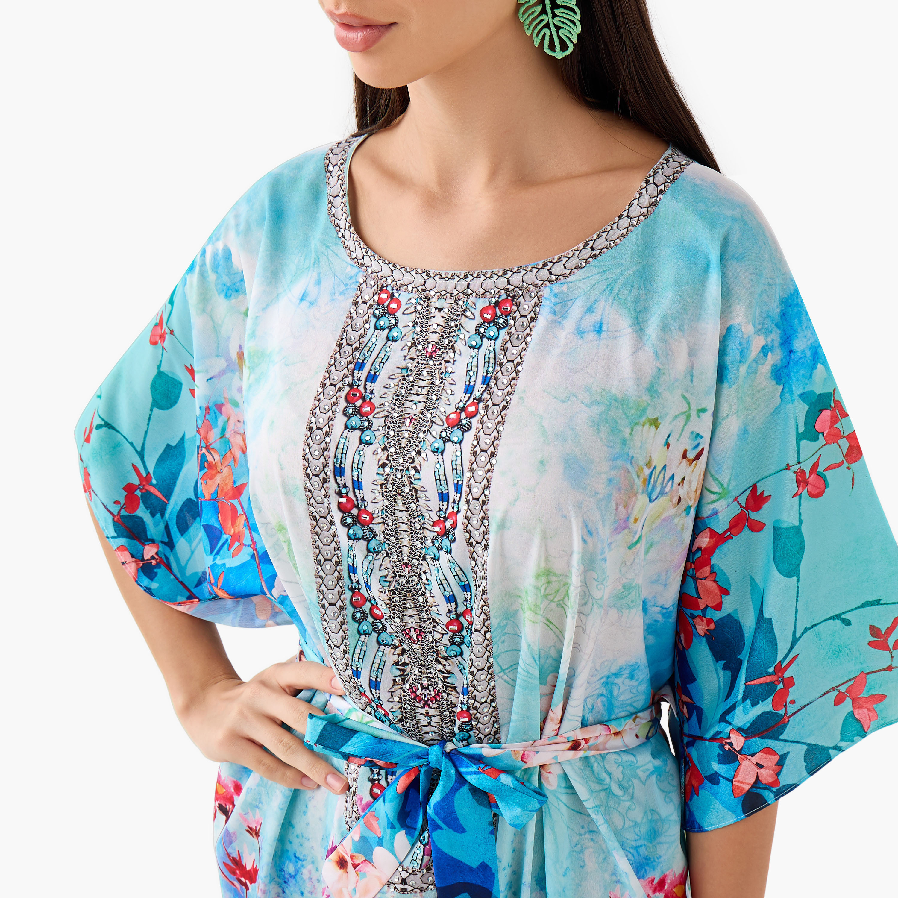 FYOR All-Over Floral Print Kaftan Dress with Tie-Up Belt-women-clothing-dresses-image-4