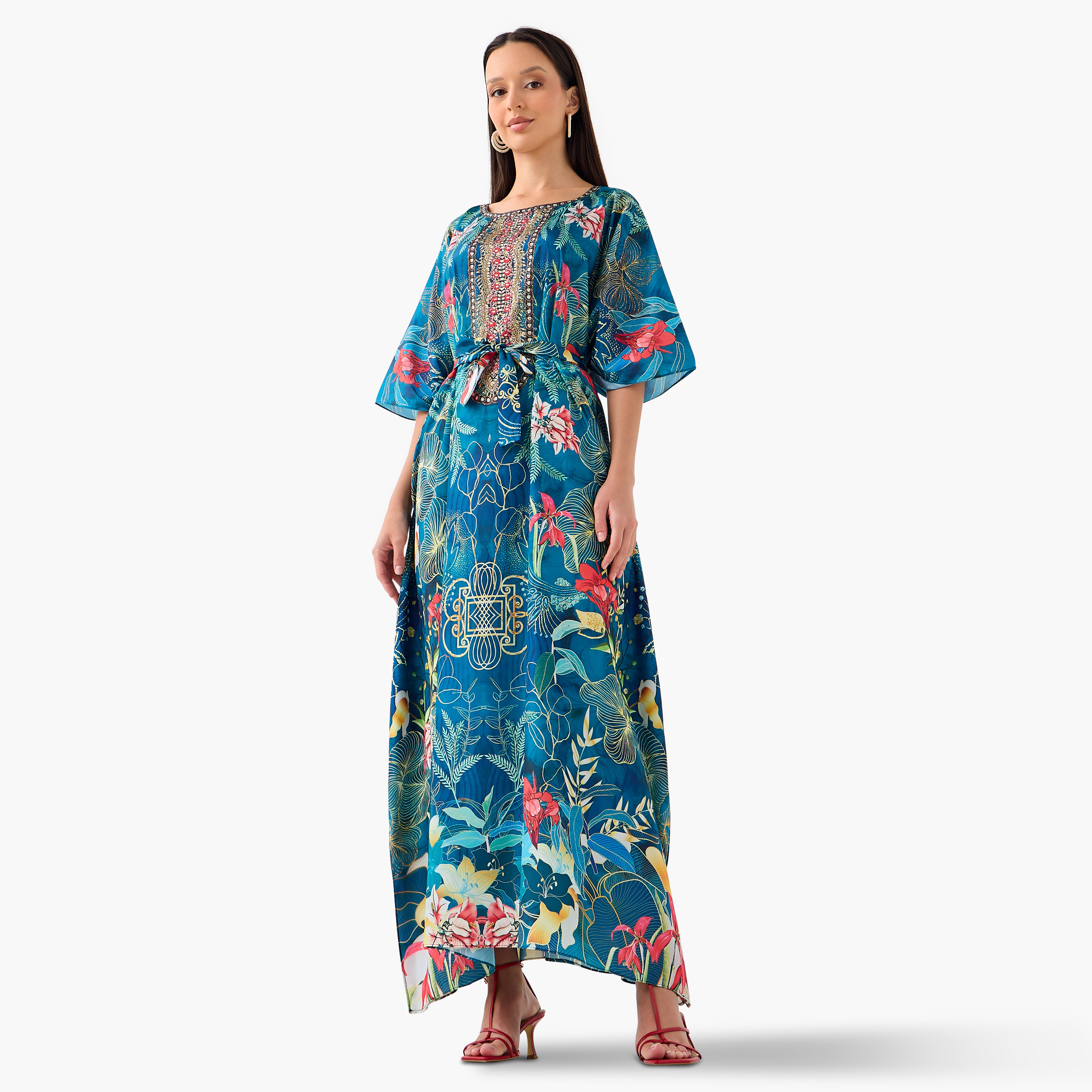 FYOR All-Over Tropical Print Kaftan Dress with Tie-Up Belt-women-clothing-dresses-image-1