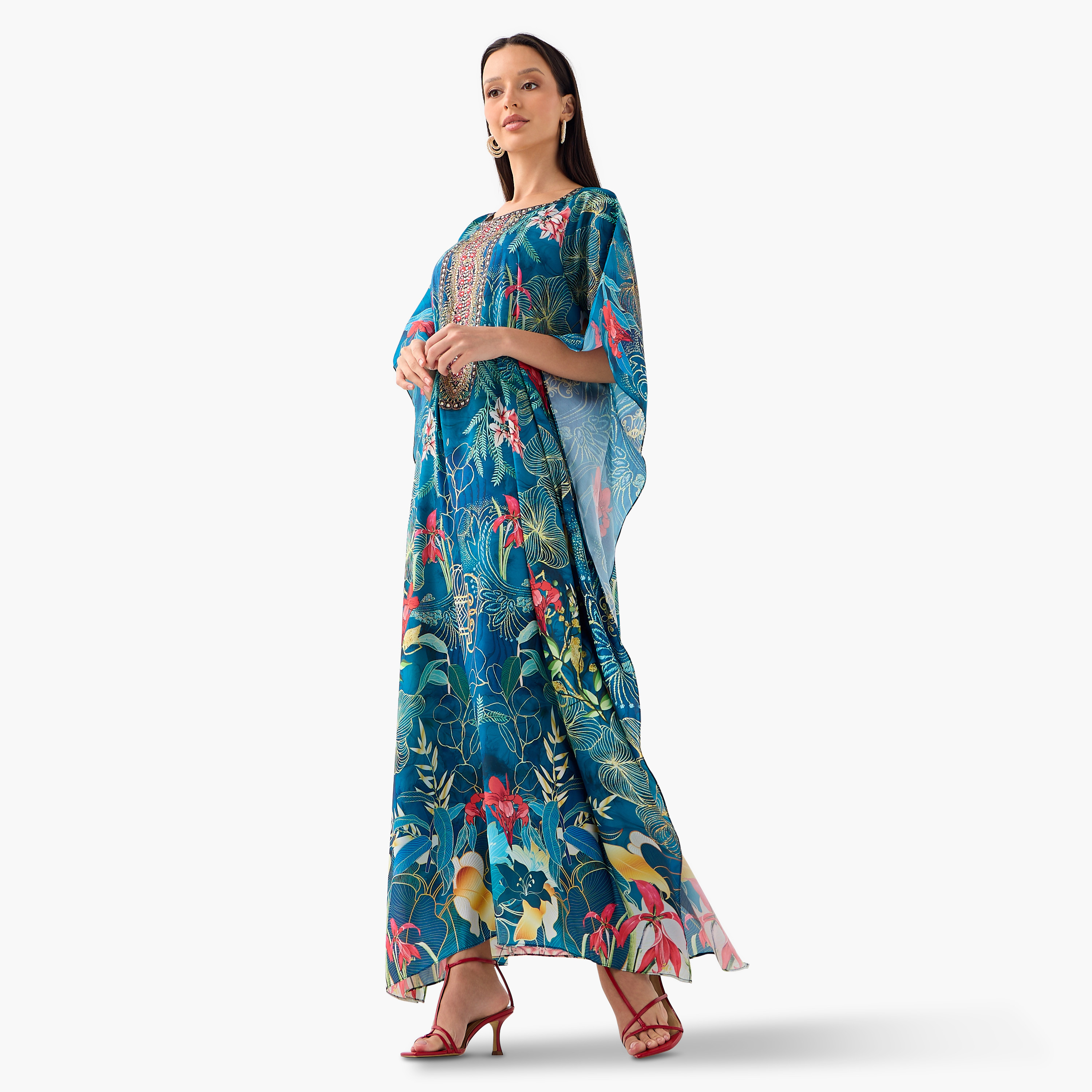 FYOR All-Over Tropical Print Kaftan Dress with Tie-Up Belt-women-clothing-dresses-image-2