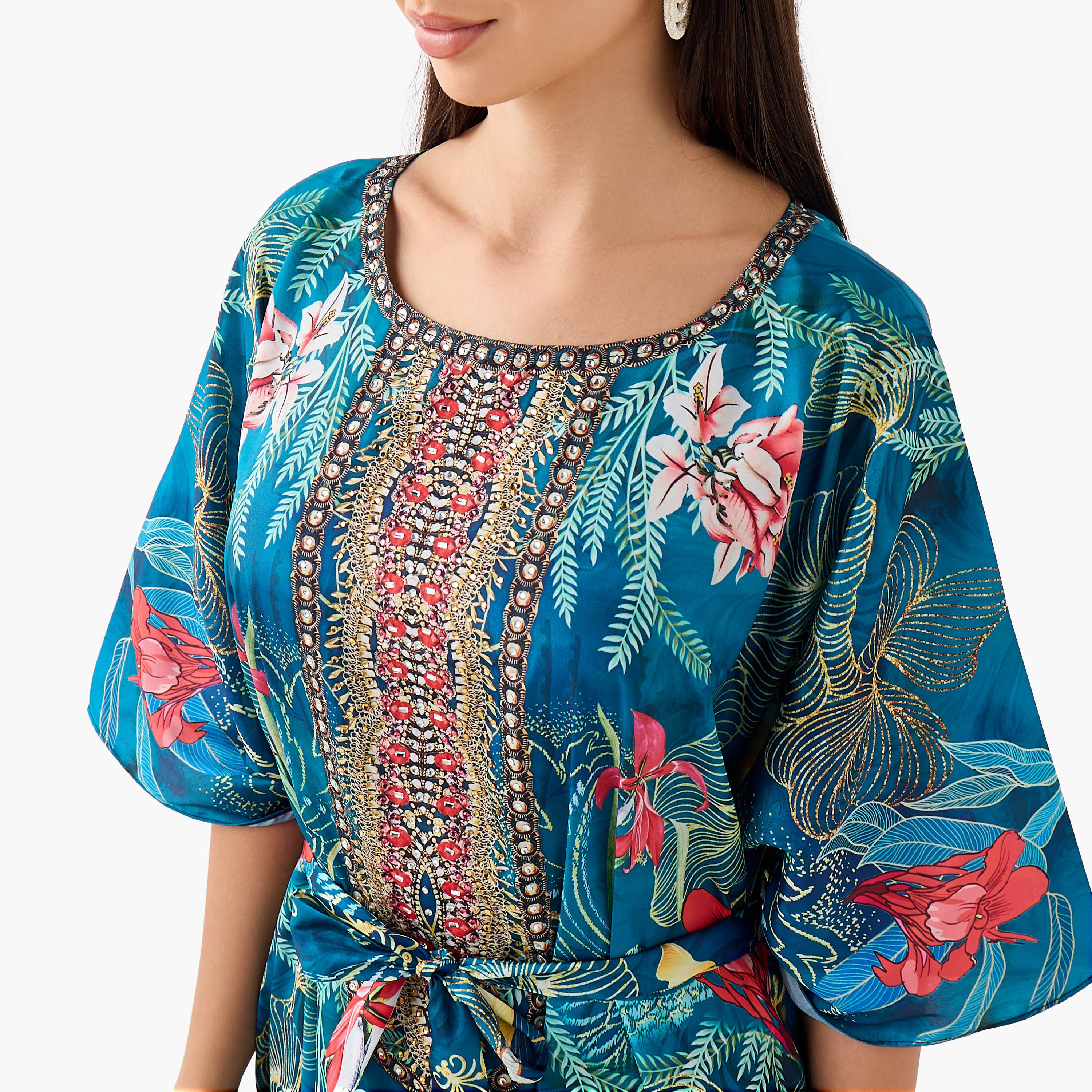 FYOR All-Over Tropical Print Kaftan Dress with Tie-Up Belt-women-clothing-dresses-image-4