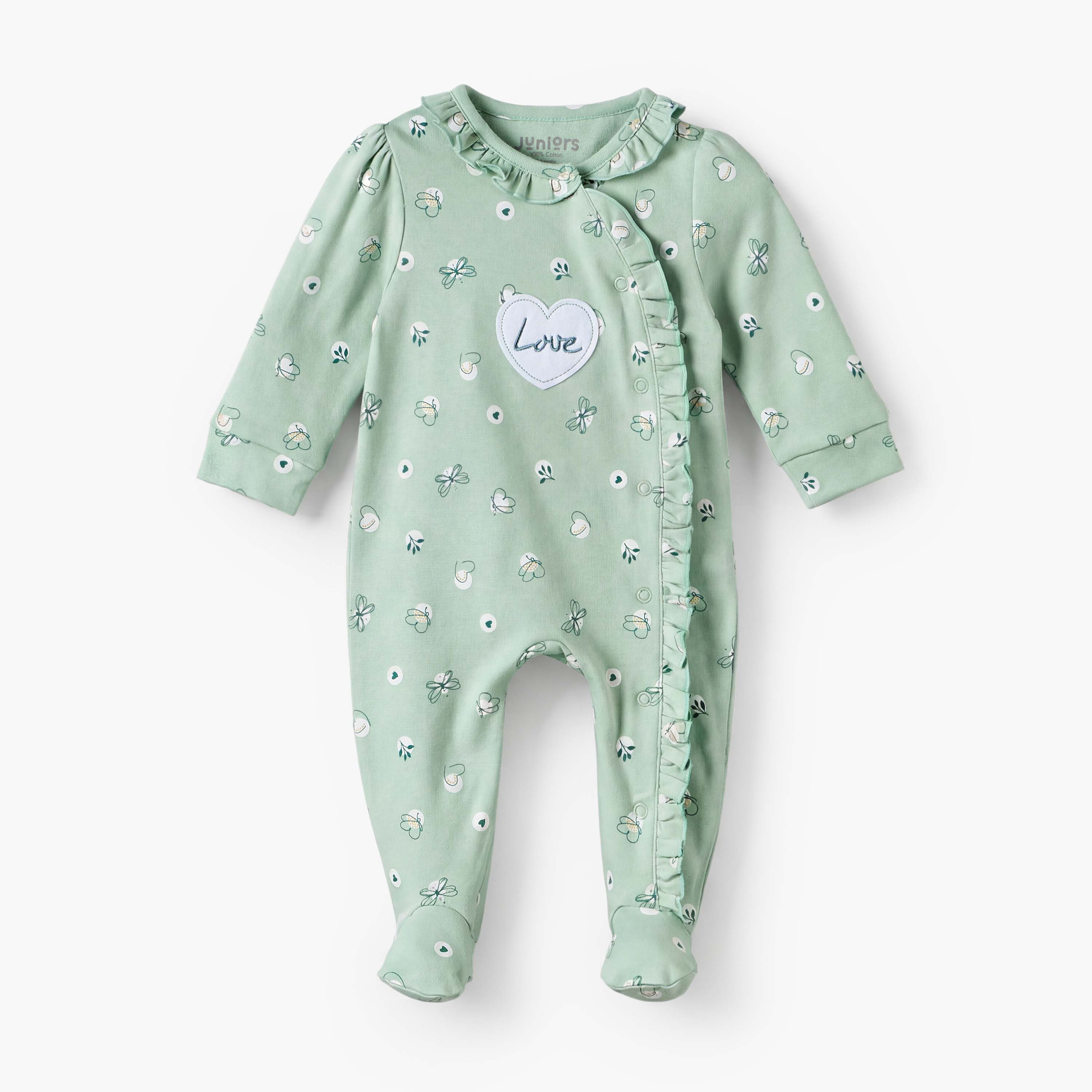 بدلة نوم قطن بياقة مستديرة وأكمام طويلة وكشكش من جونيورز-baby-girls-clothing-nightwear-sleepsuits-image-1