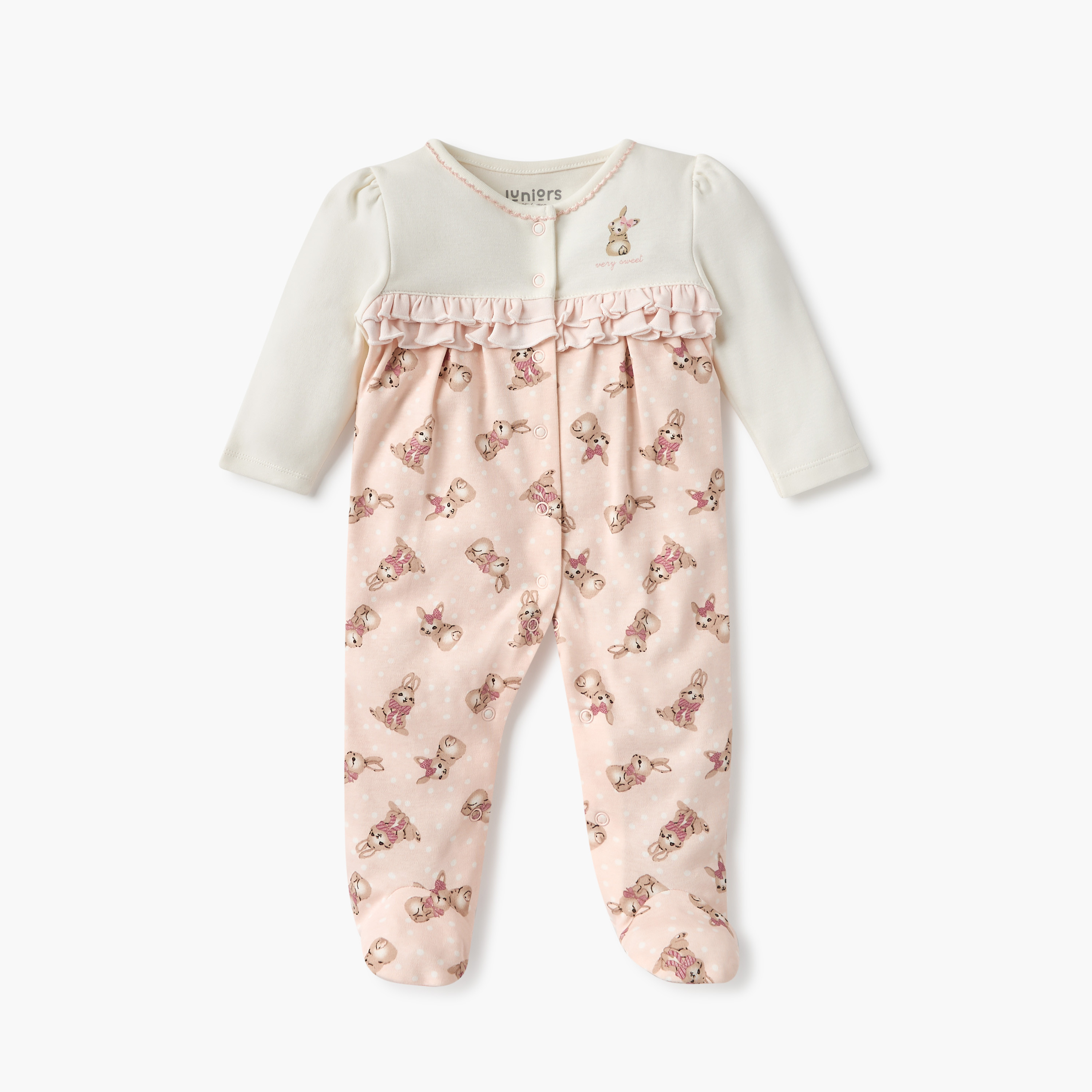 Juniors All-Over Bunny Print Sleepsuit with Round Neck and Ruffle Detail-baby-girls-clothing-nightwear-sleepsuits-image-1