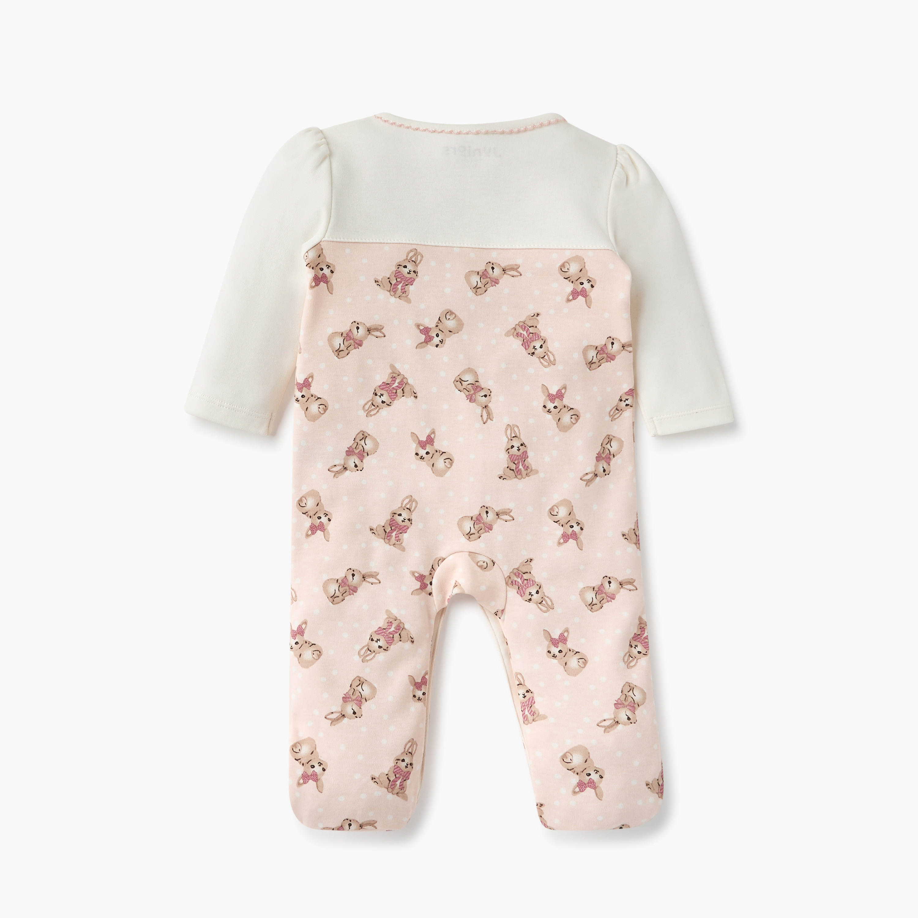 Juniors All-Over Bunny Print Sleepsuit with Round Neck and Ruffle Detail-baby-girls-clothing-nightwear-sleepsuits-image-2