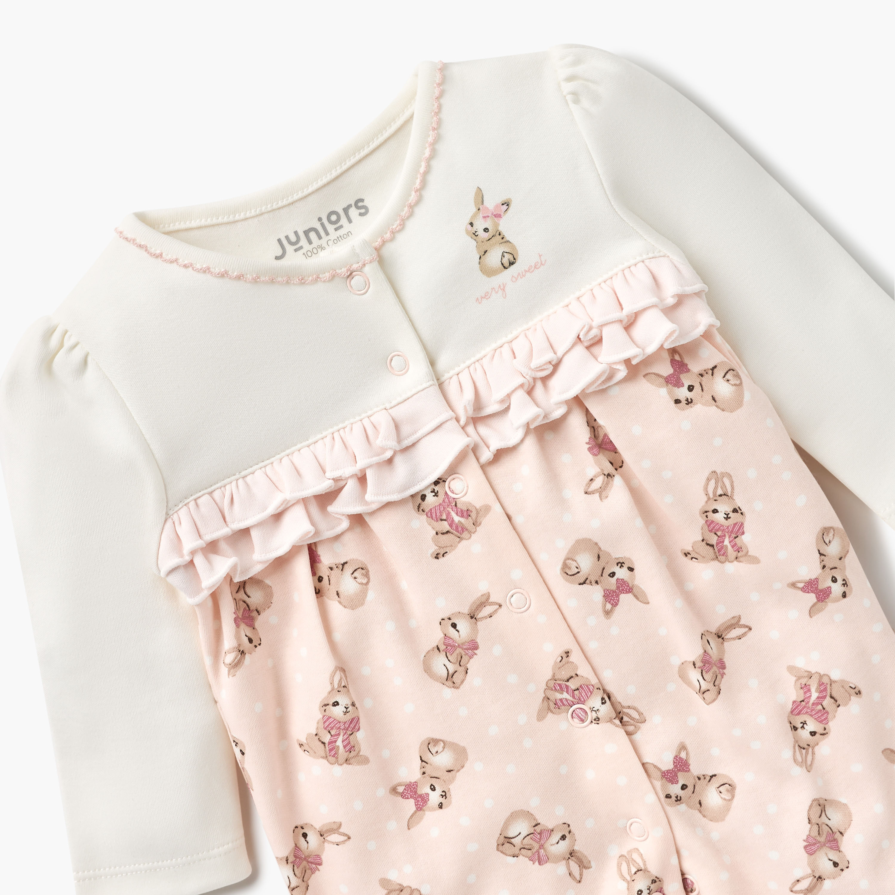 Juniors All-Over Bunny Print Sleepsuit with Round Neck and Ruffle Detail-baby-girls-clothing-nightwear-sleepsuits-image-3