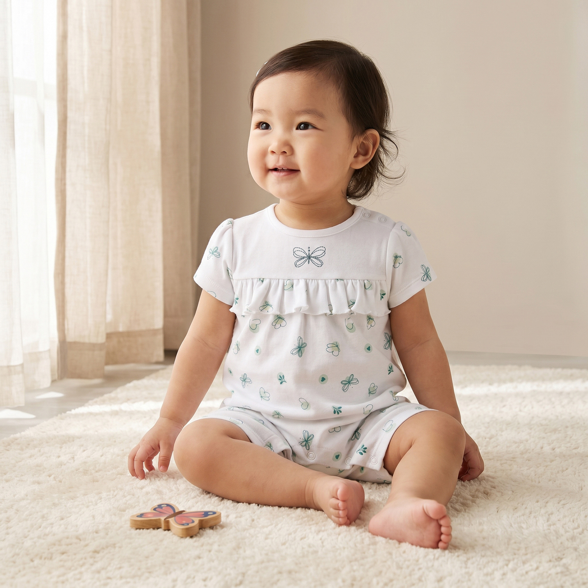 Juniors Round Neck Short Sleeves Romper with Butterfly Print-baby-girls-clothing-rompers-image-1