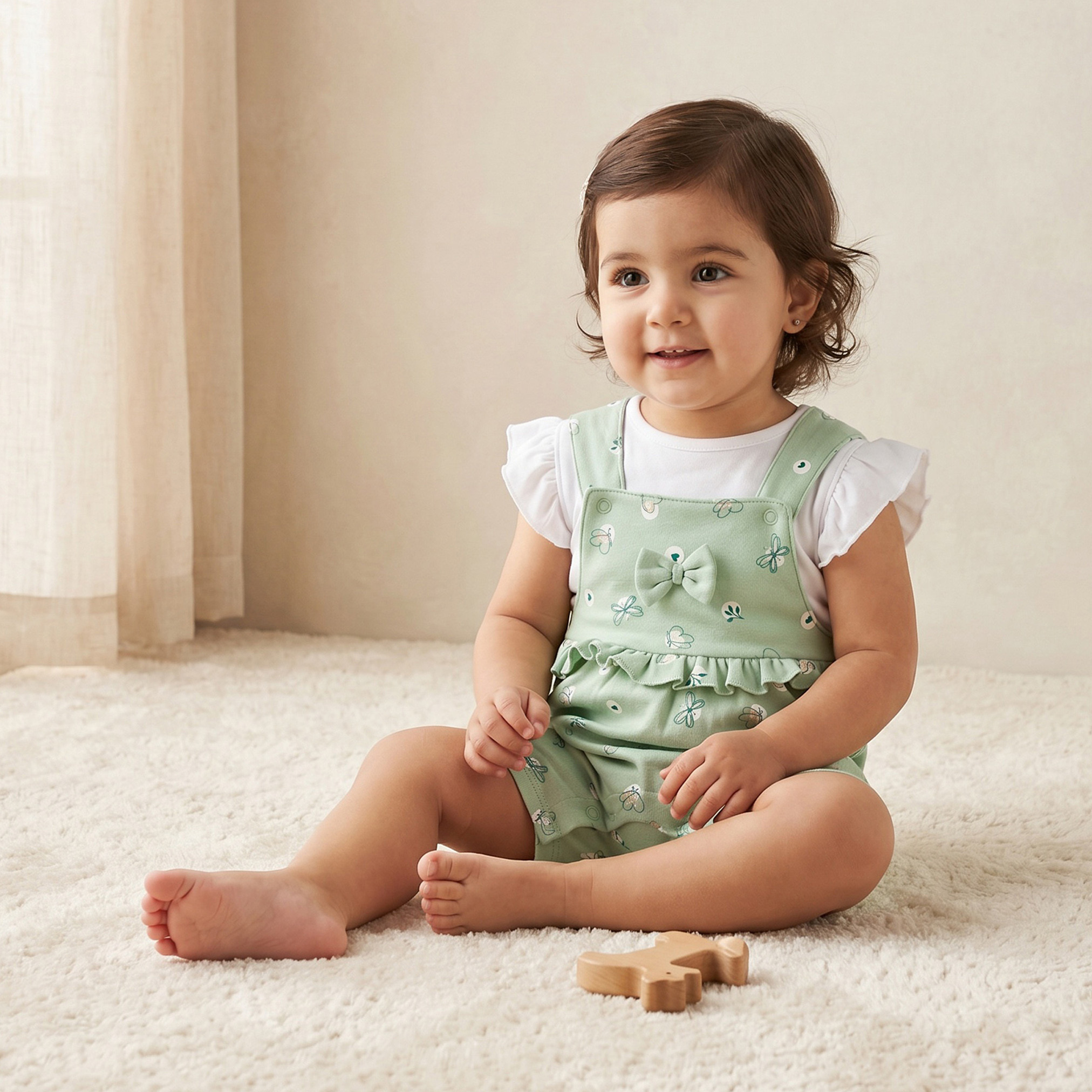 Juniors Round Neck Short Sleeves Top and Dungaree Set with Ruffles-baby-girls-clothing-setsandcoords-image-1