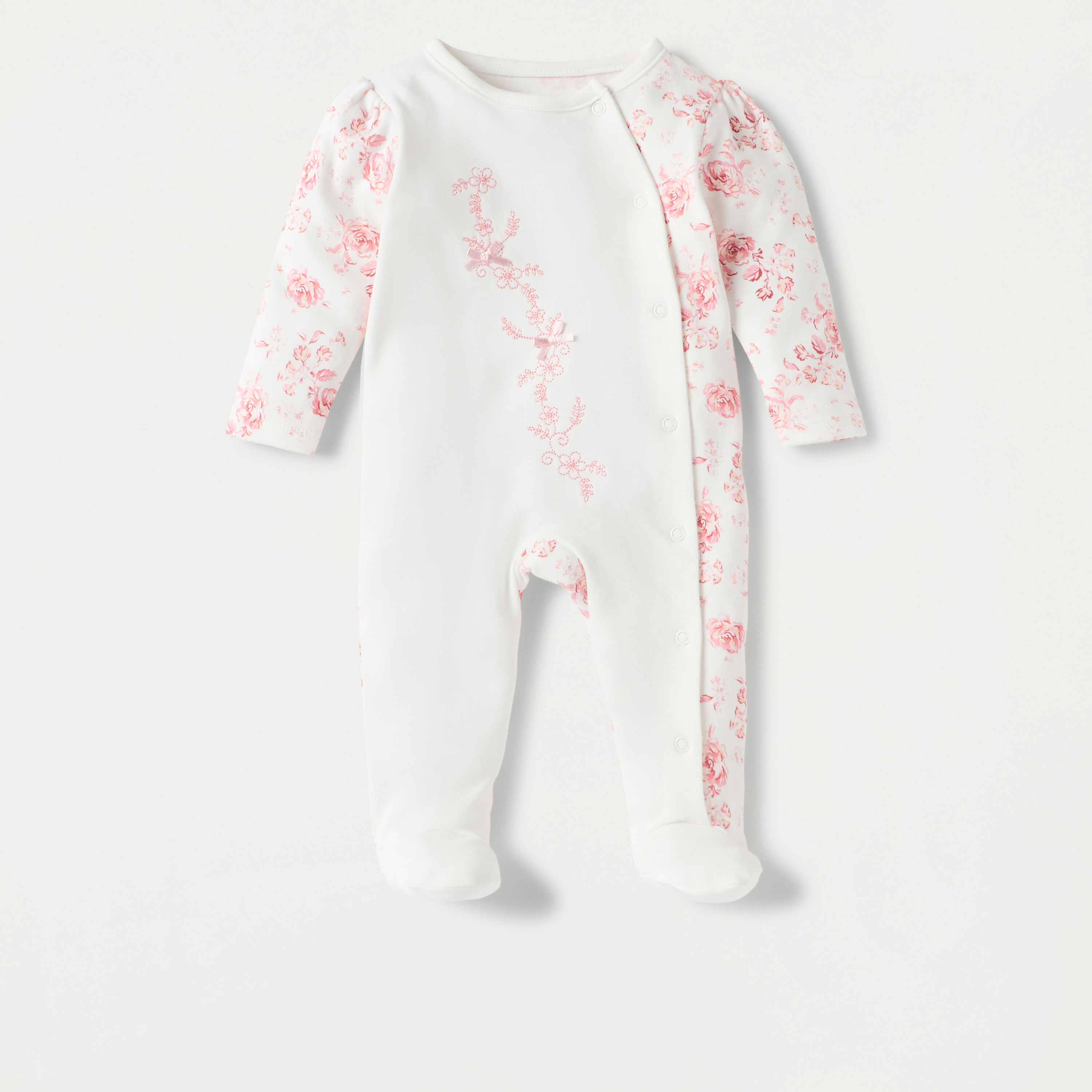 Juniors Floral Print Sleepsuit with Long Sleeves and Button Closure-baby-girls-clothing-nightwear-sleepsuits-image-1