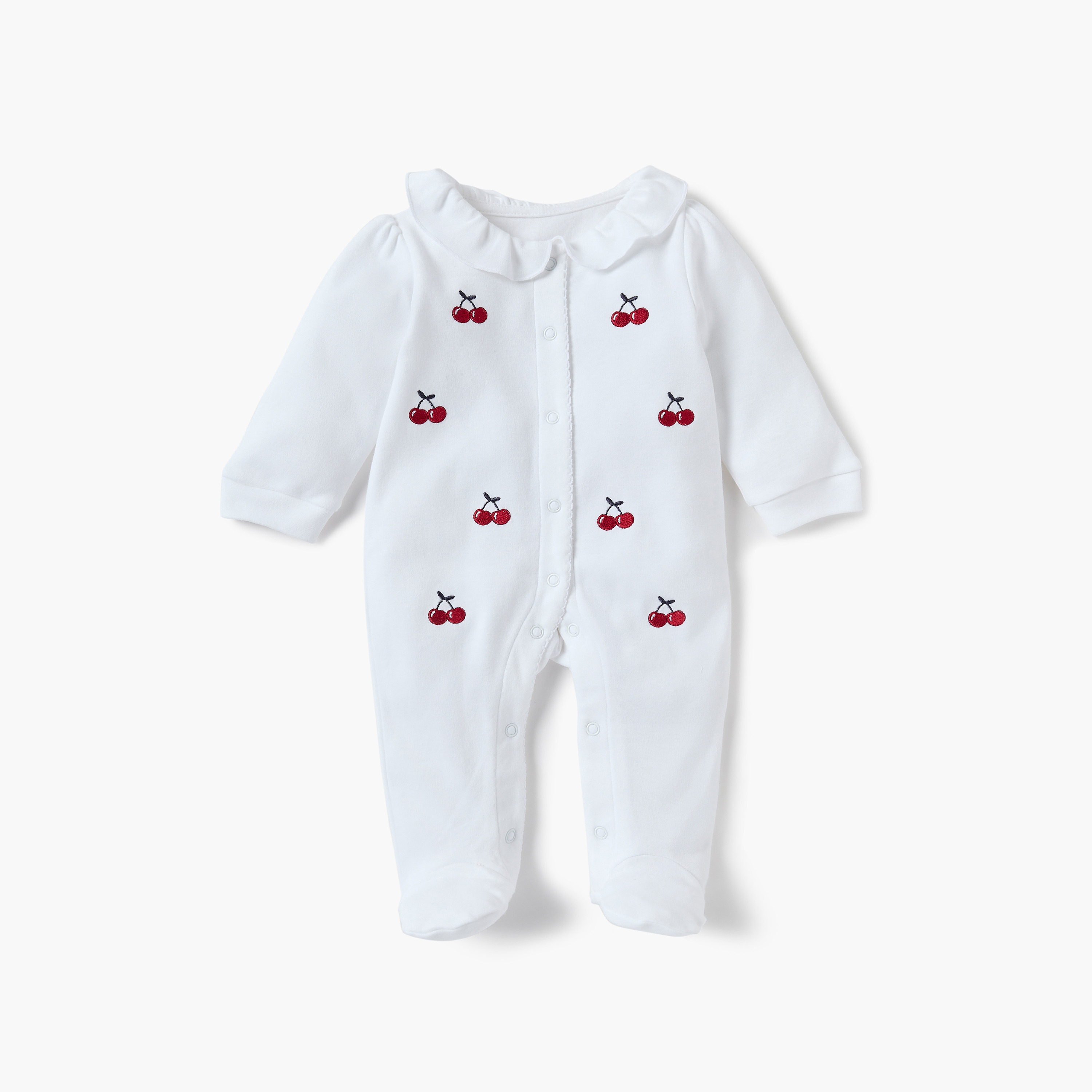 Juniors Cherry Embroidered Sleepsuit with Collar-baby-girls-clothing-nightwear-sleepsuits-image-1
