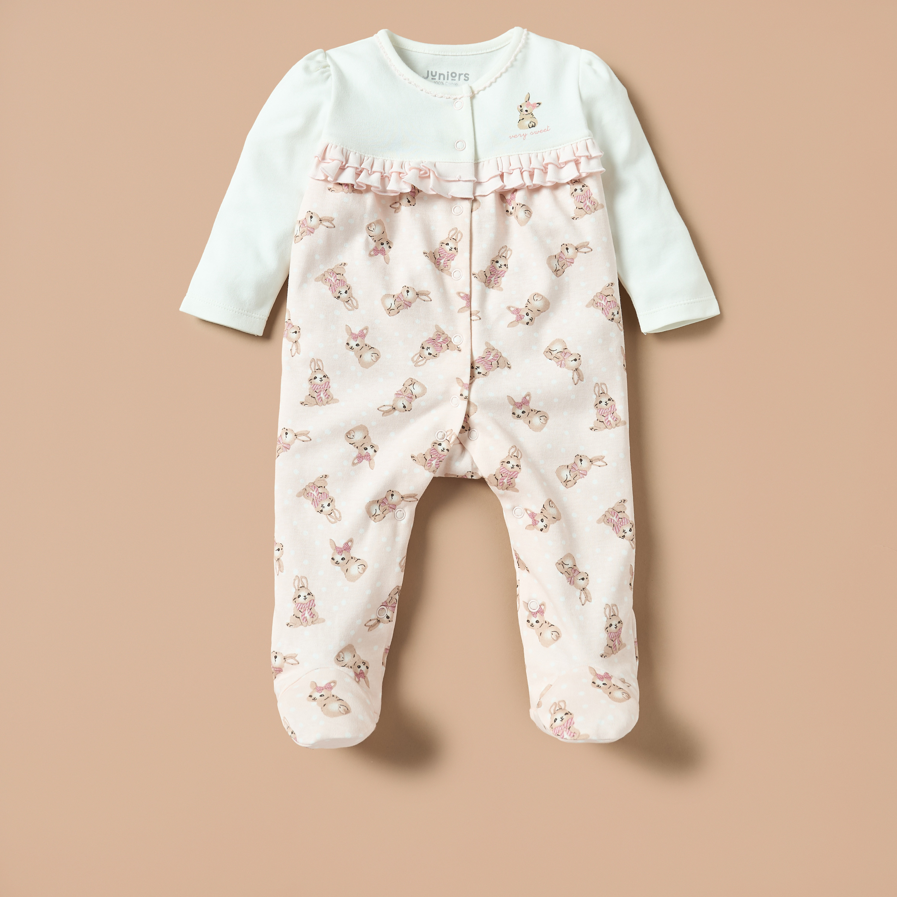 Juniors All-Over Bunny Print Closed Feet Sleepsuit with Long Sleeves-baby-girls-clothing-nightwear-sleepsuits-image-1