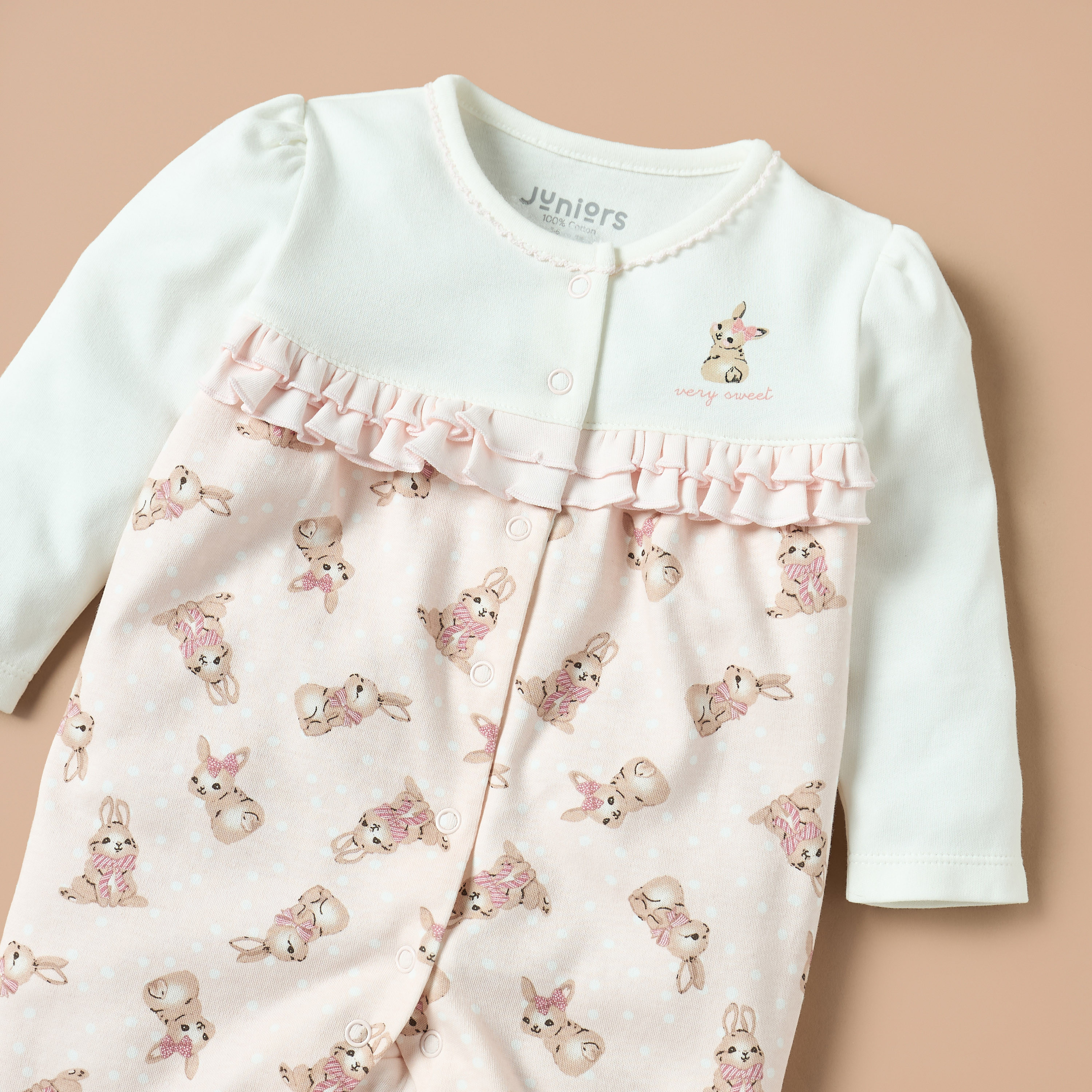 Juniors All-Over Bunny Print Closed Feet Sleepsuit with Long Sleeves-baby-girls-clothing-nightwear-sleepsuits-image-2