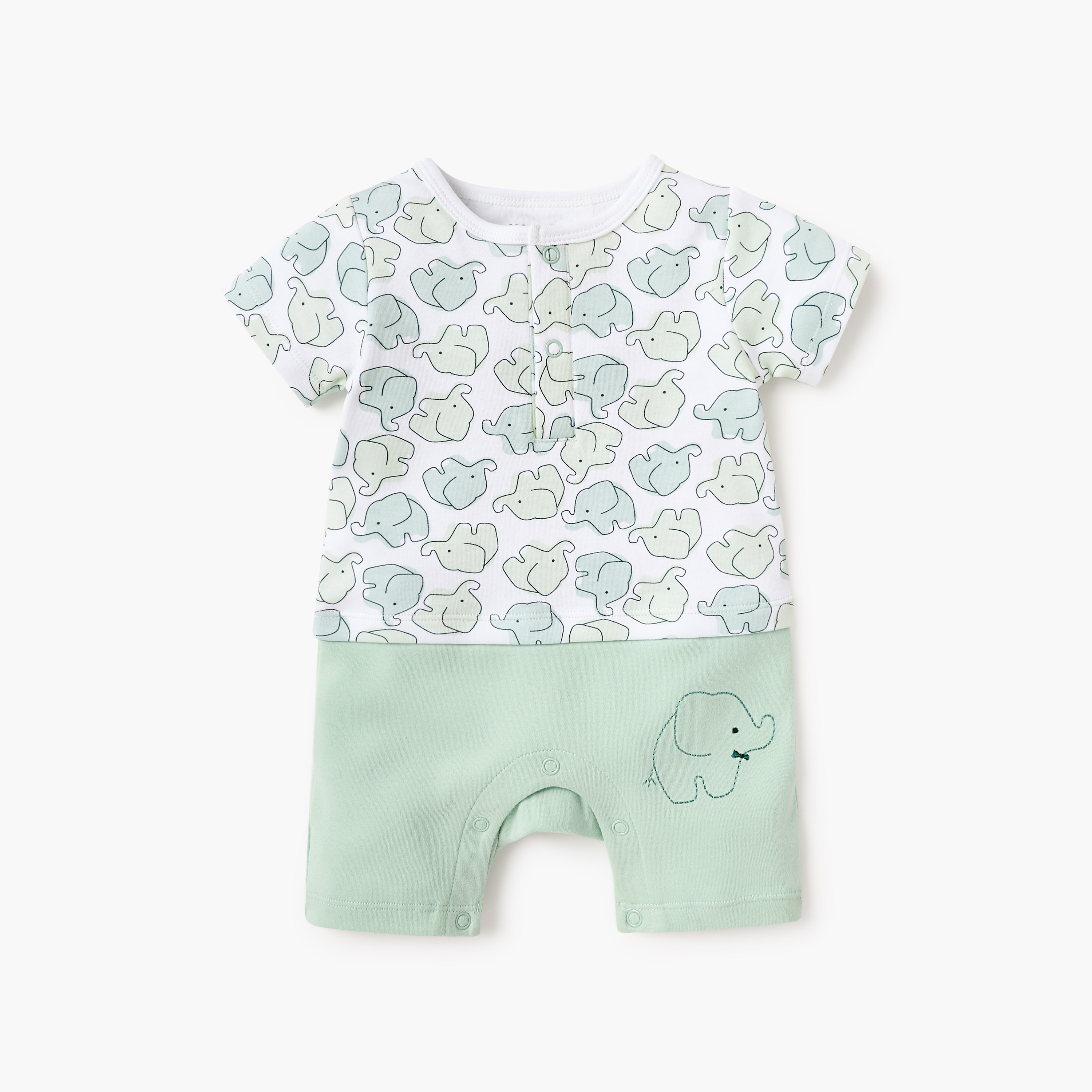 Juniors Elephant Print Romper with Short Sleeves and Snap Button Closure-baby-boys-clothing-rompers-image-1