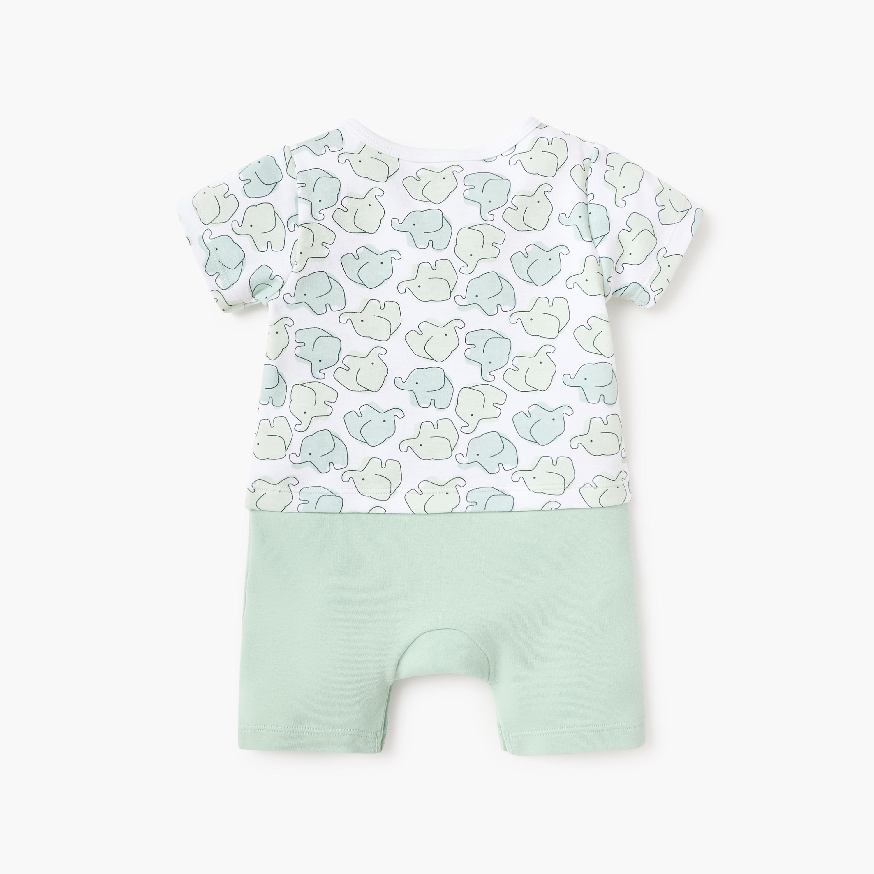 Juniors Elephant Print Romper with Short Sleeves and Snap Button Closure-baby-boys-clothing-rompers-image-2