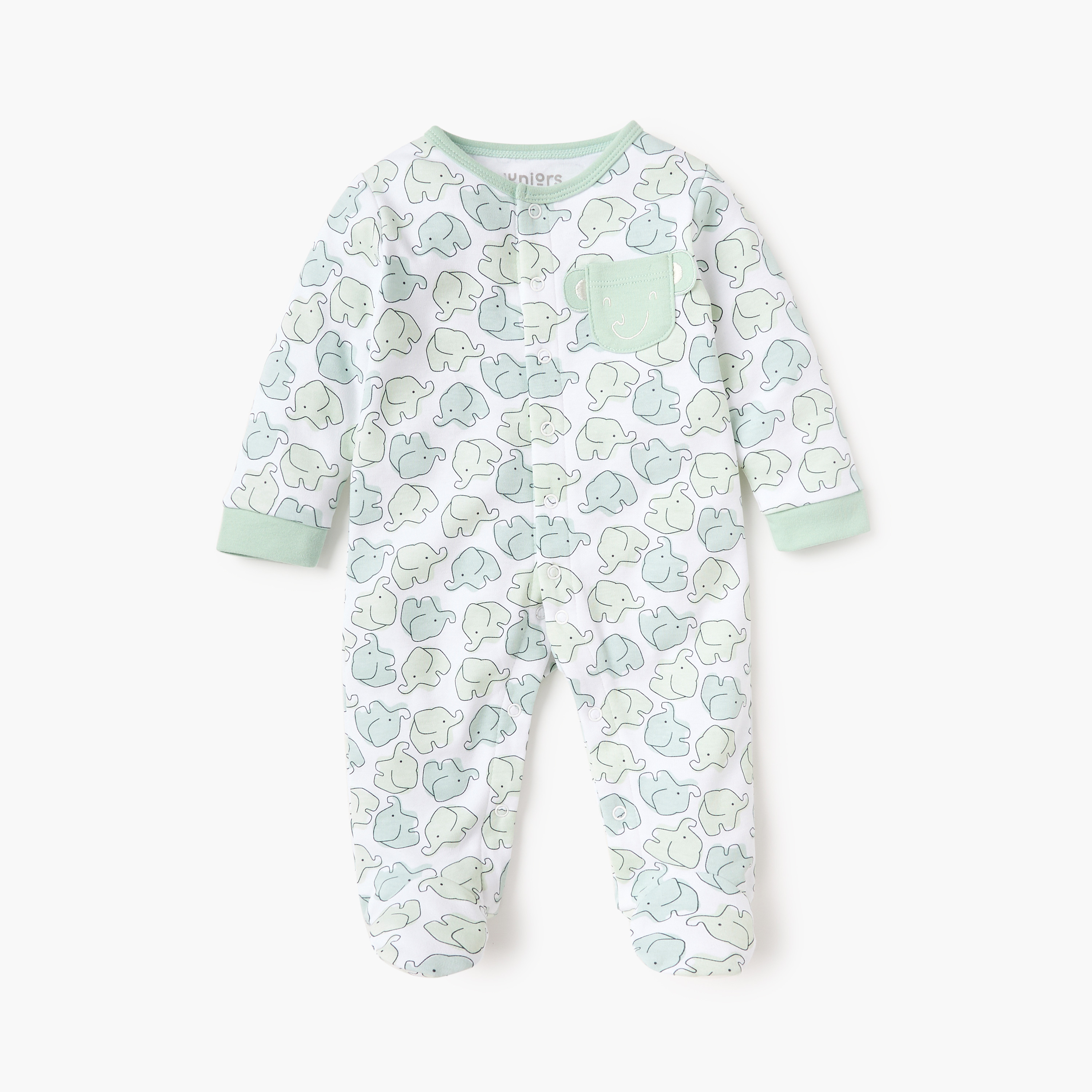 Juniors Elephant Print Closed Foot Sleepsuit with Long Sleeves and Snap Button Closure-baby-boys-clothing-nightwear-sleepsuits-image-1