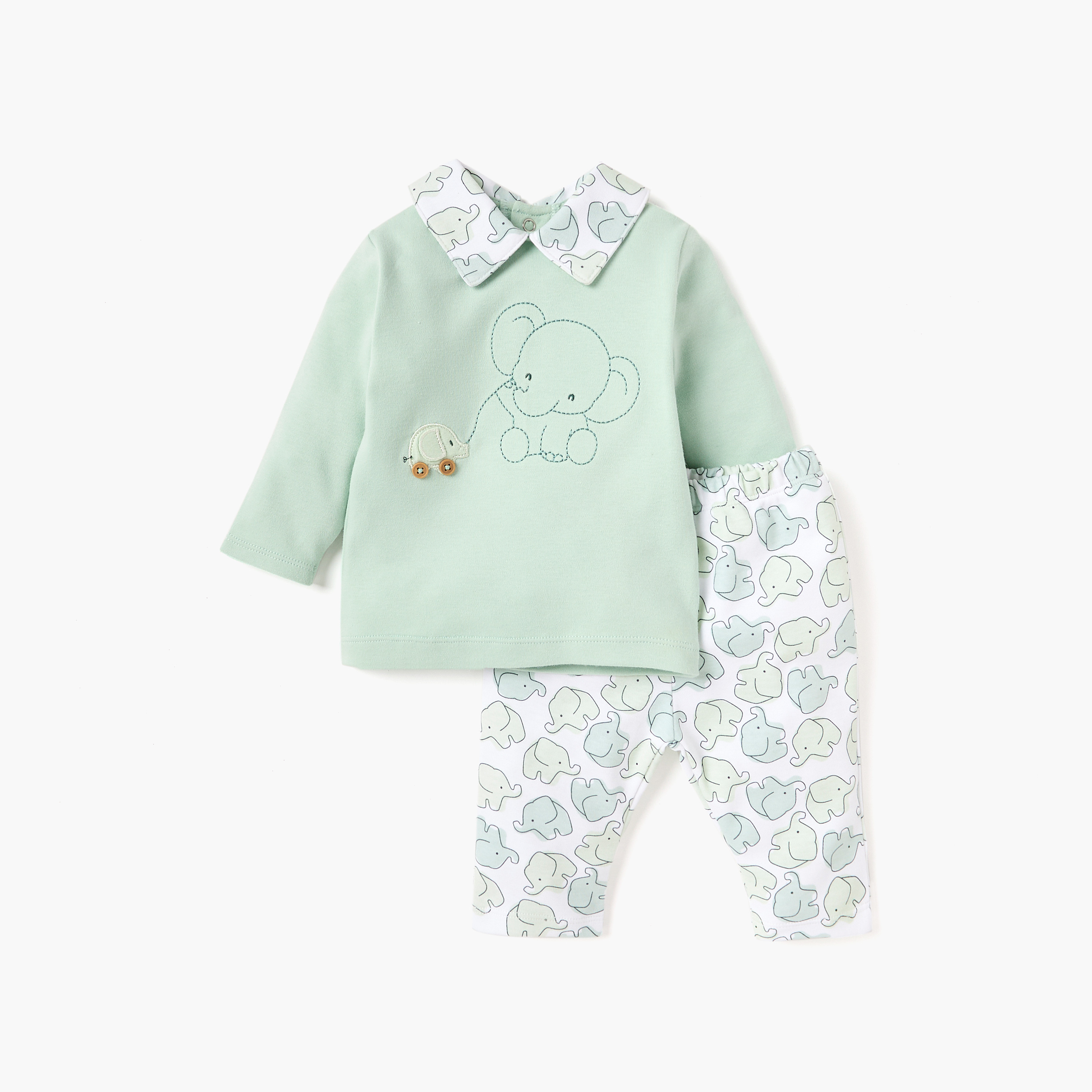 طقم تيشيرت بياقة وطبعات فيل وبنطلون بيجاما بخصر مطاطي من جونيورز-baby-boys-clothing-nightwear-pyjamasets-image-1