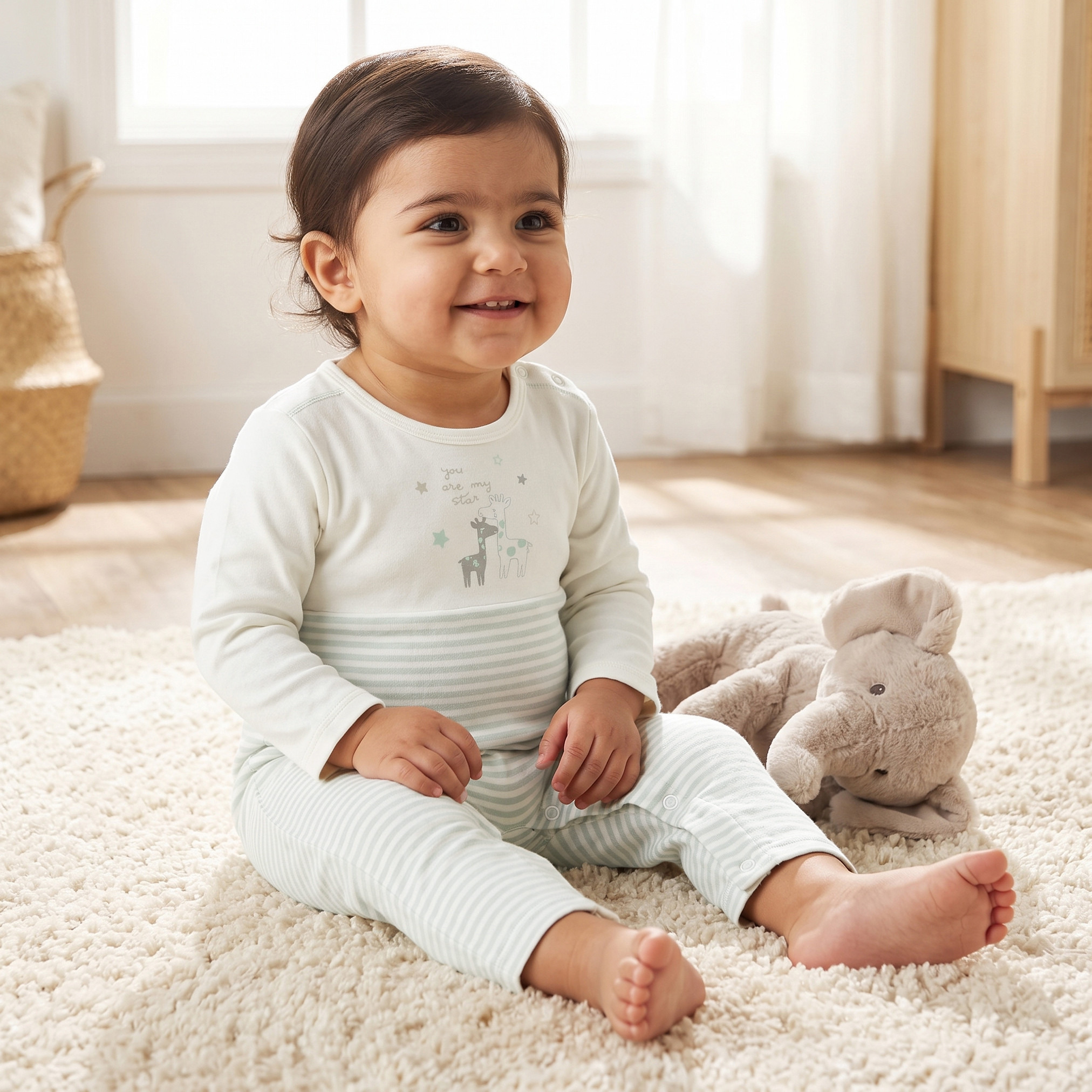 Juniors Cotton Crew Neck Long Sleeves Sleepsuit with Giraffe Print-baby-girls-clothing-nightwear-sleepsuits-image-1
