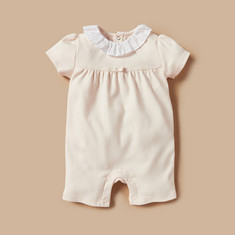Juniors Solid Romper with Ruffled Neck and Button Closure