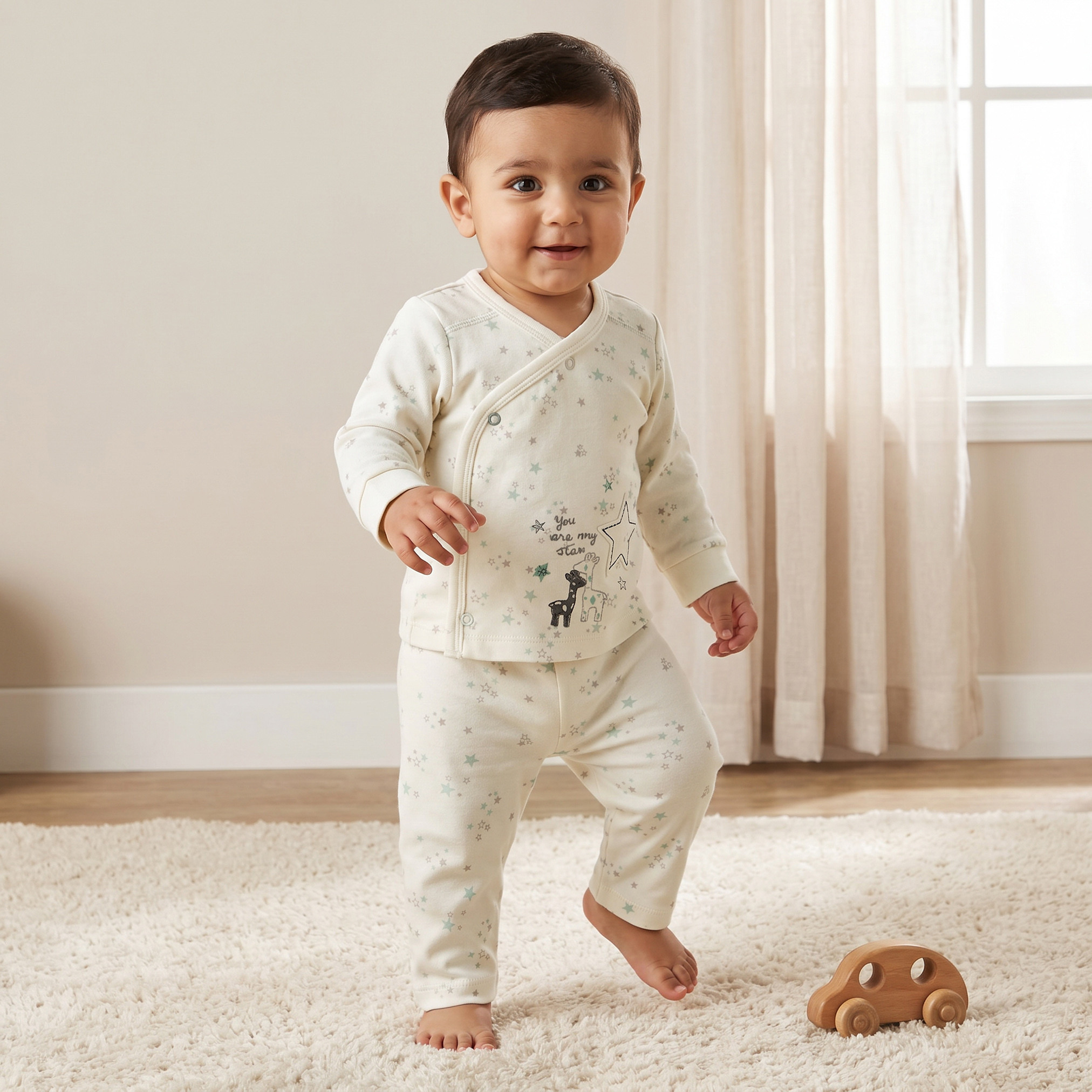 طقم بيجاما قطن بياقة حرف V وأكمام طويلة وطبعات نجوم من جونيورز-baby-girls-clothing-nightwear-pyjamasets-image-1