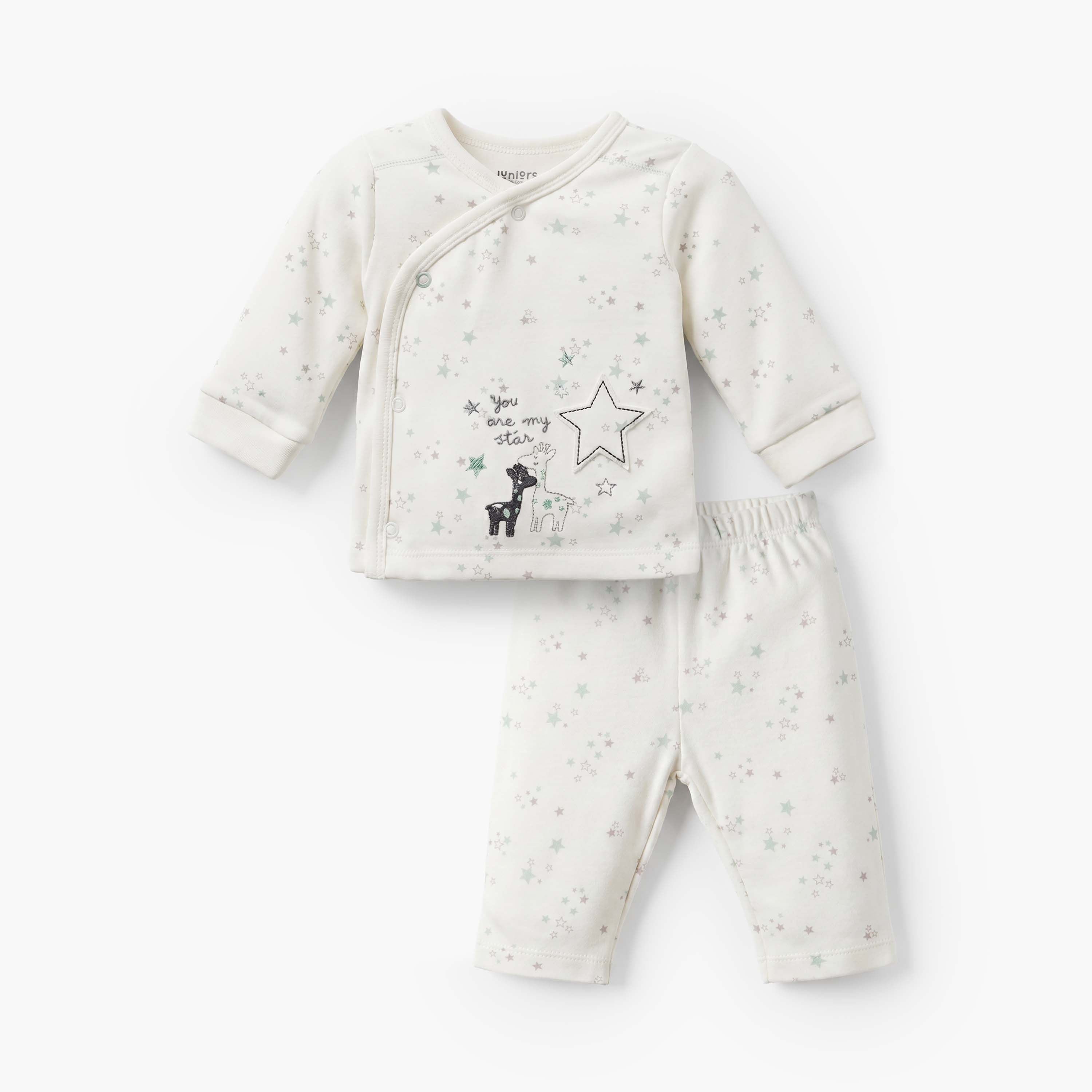 طقم بيجاما قطن بياقة حرف V وأكمام طويلة وطبعات نجوم من جونيورز-baby-girls-clothing-nightwear-pyjamasets-image-2