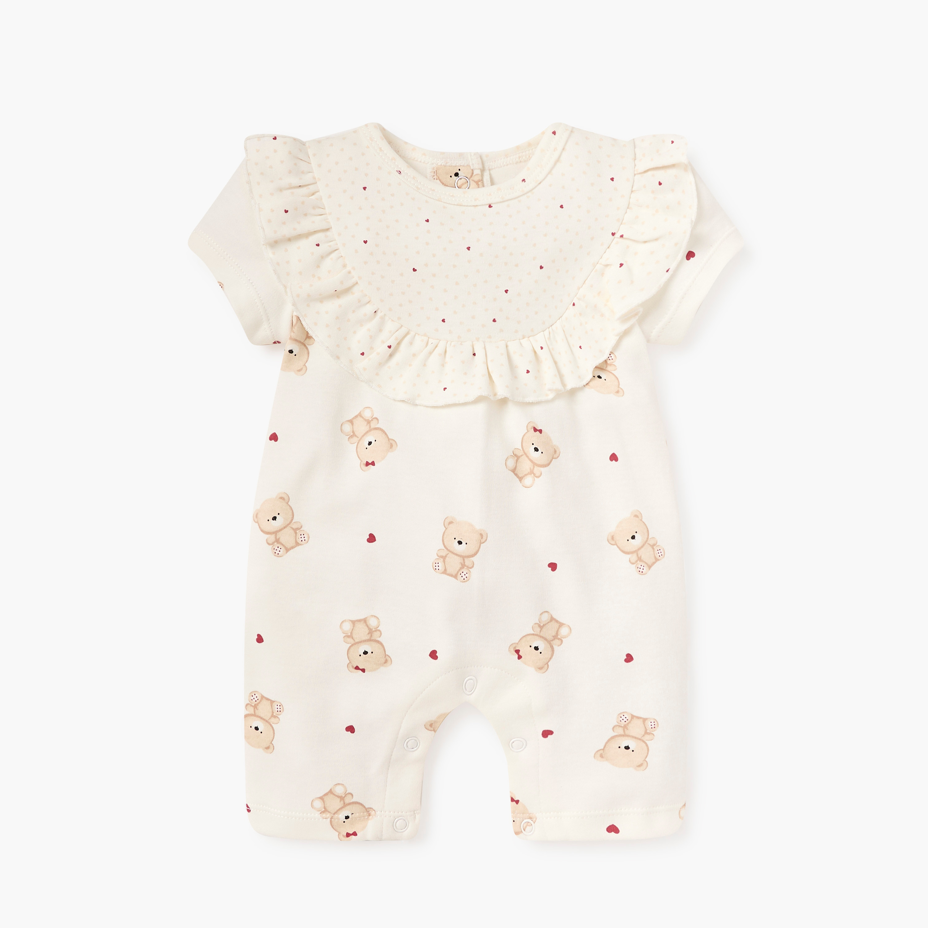 Juniors Bear Print Romper with Short Sleeves and Ruffle Detail-baby-girls-clothing-rompers-image-1