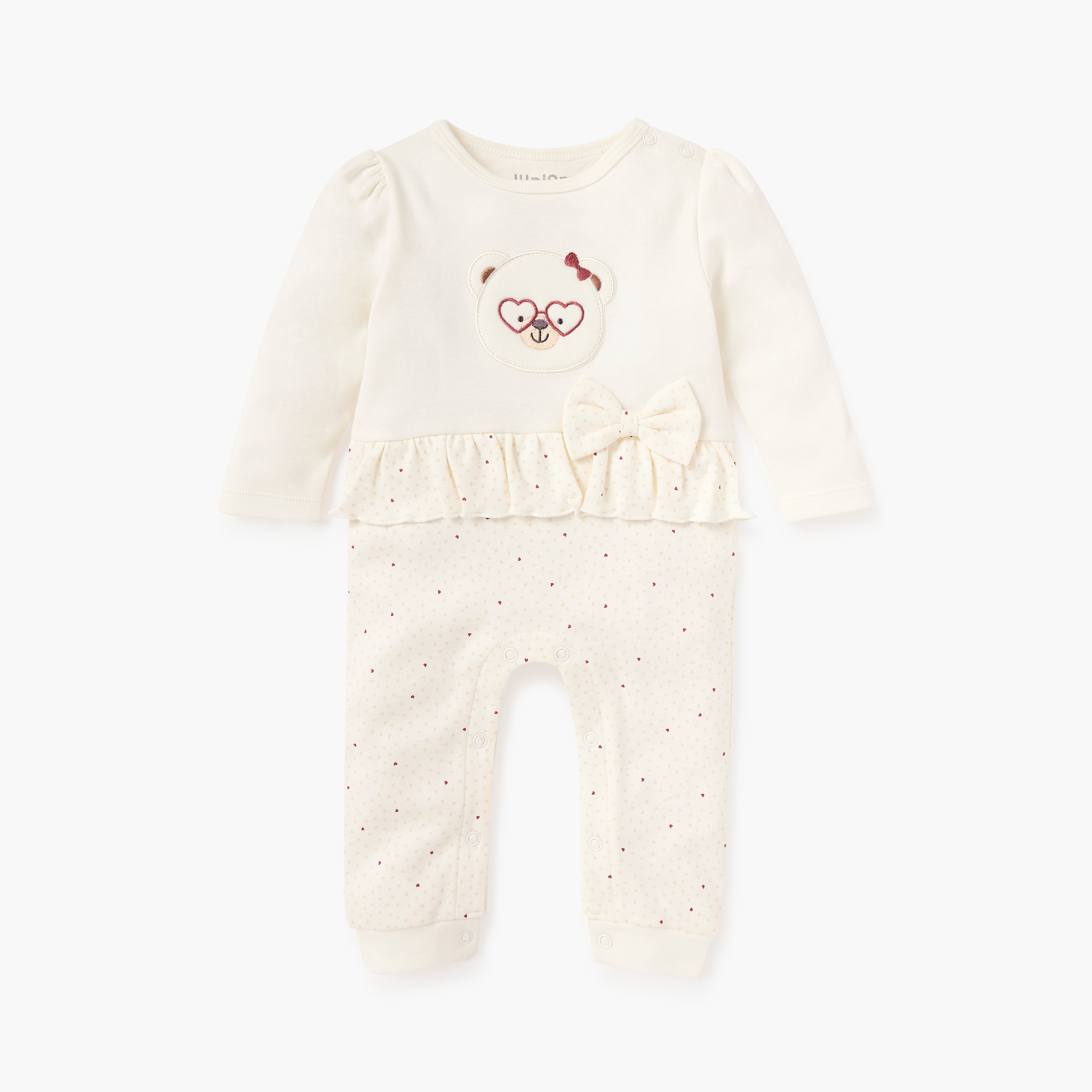 Juniors Bear Applique Sleepsuit with Long Sleeves and Bow Detail-baby-girls-clothing-nightwear-sleepsuits-image-1