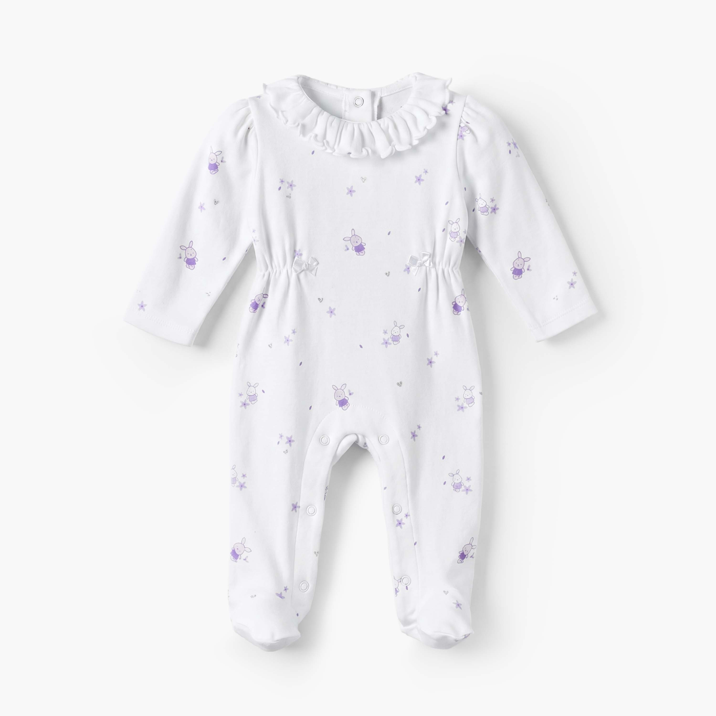 Juniors Cotton Collared Long Sleeves Sleepsuit with Bunny Print-baby-girls-clothing-nightwear-sleepsuits-image-1