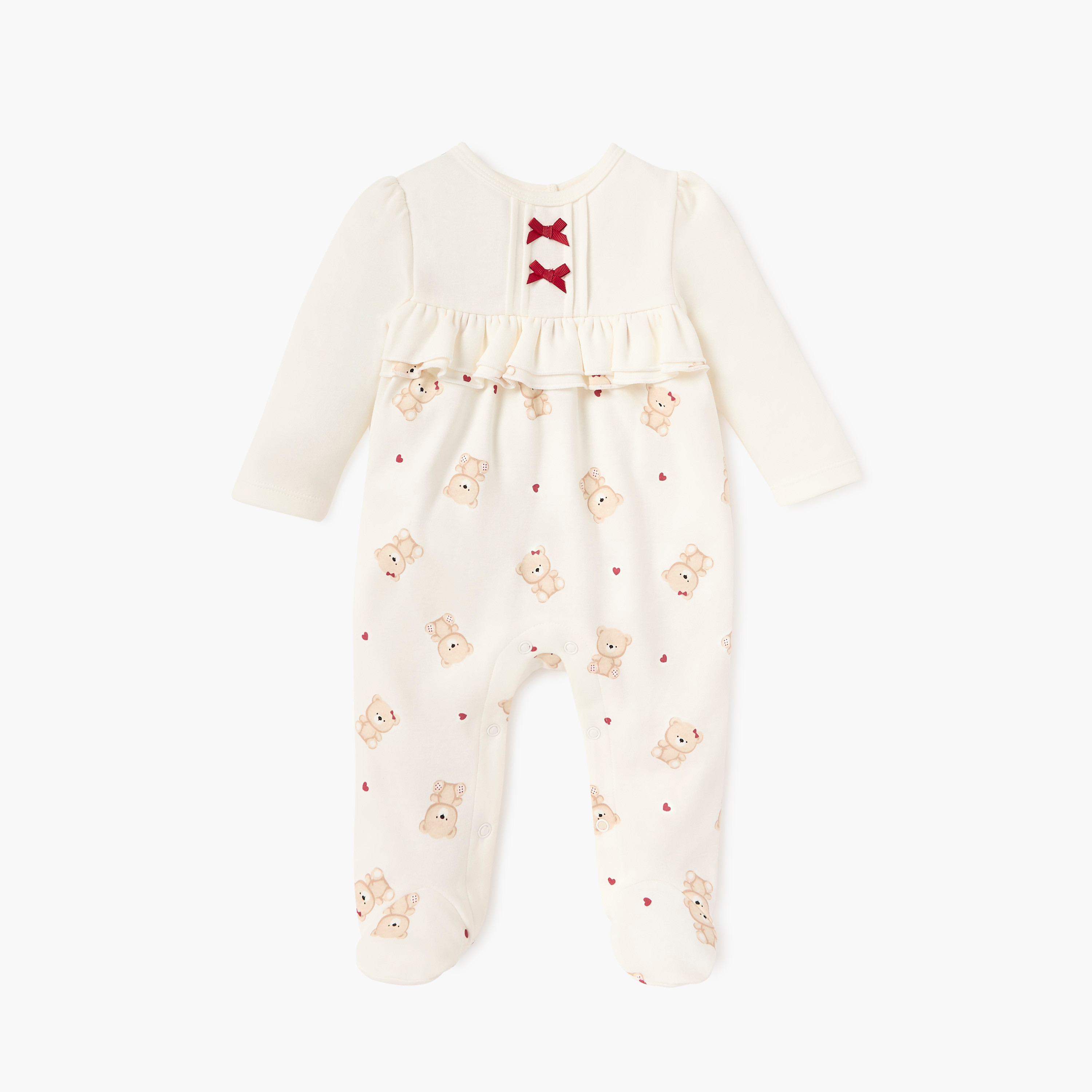 Juniors Bear Print Closed Foot Sleepsuit with Long Sleeves and Bow Detail-baby-girls-clothing-nightwear-sleepsuits-image-1