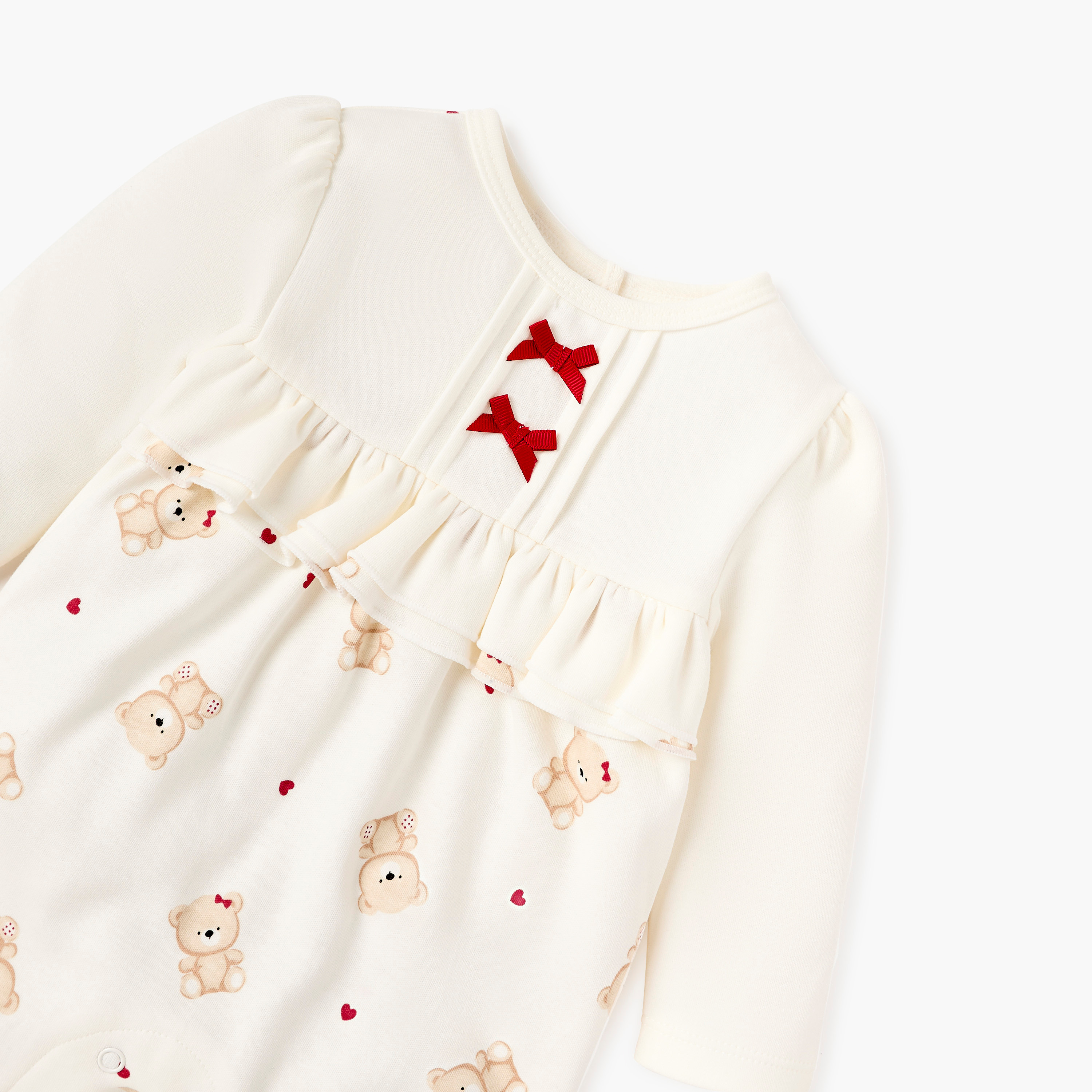 Juniors Bear Print Closed Foot Sleepsuit with Long Sleeves and Bow Detail-baby-girls-clothing-nightwear-sleepsuits-image-3