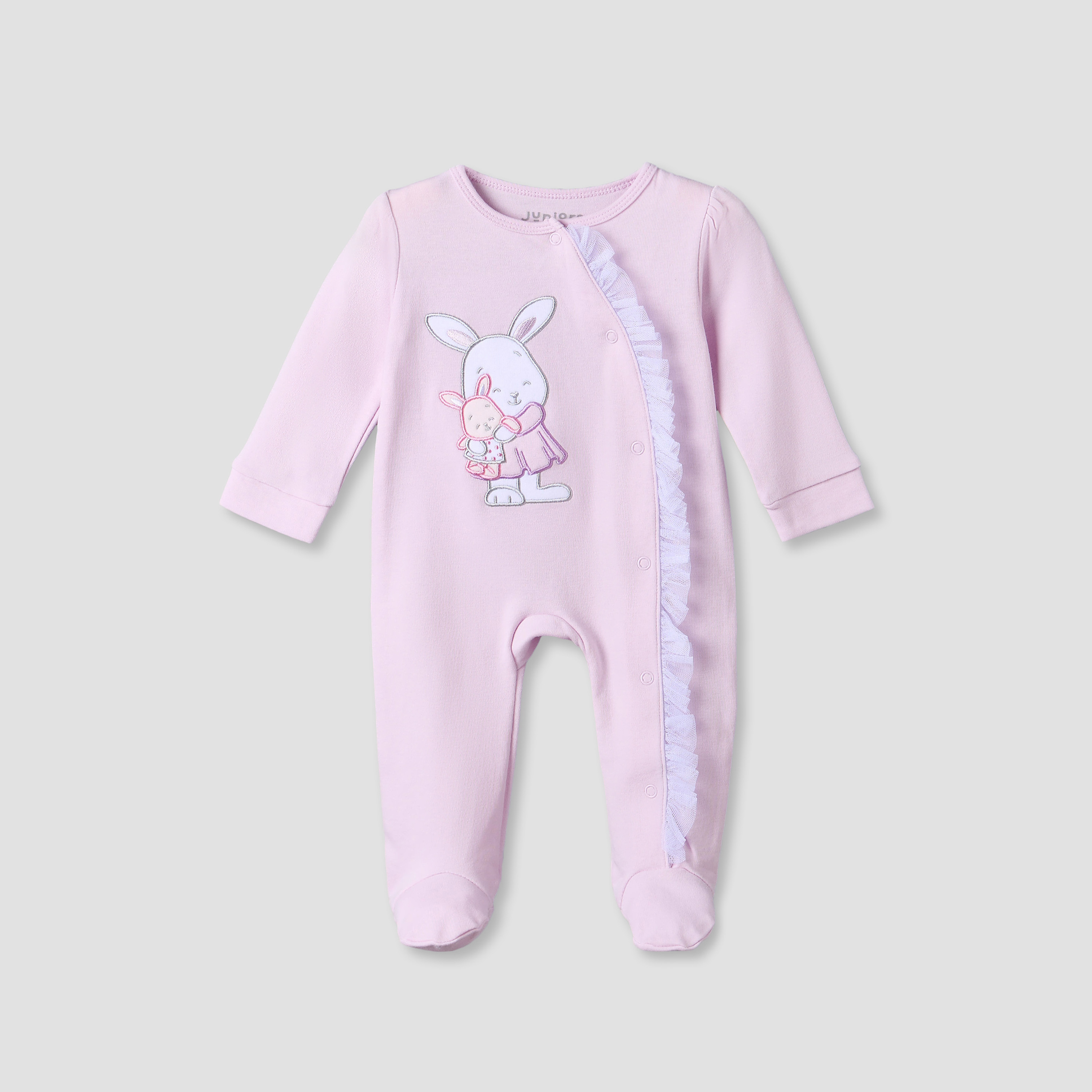 Juniors Cotton Round Neck Long Sleeves Sleepsuit with Bunny Applique-baby-girls-clothing-nightwear-sleepsuits-image-1