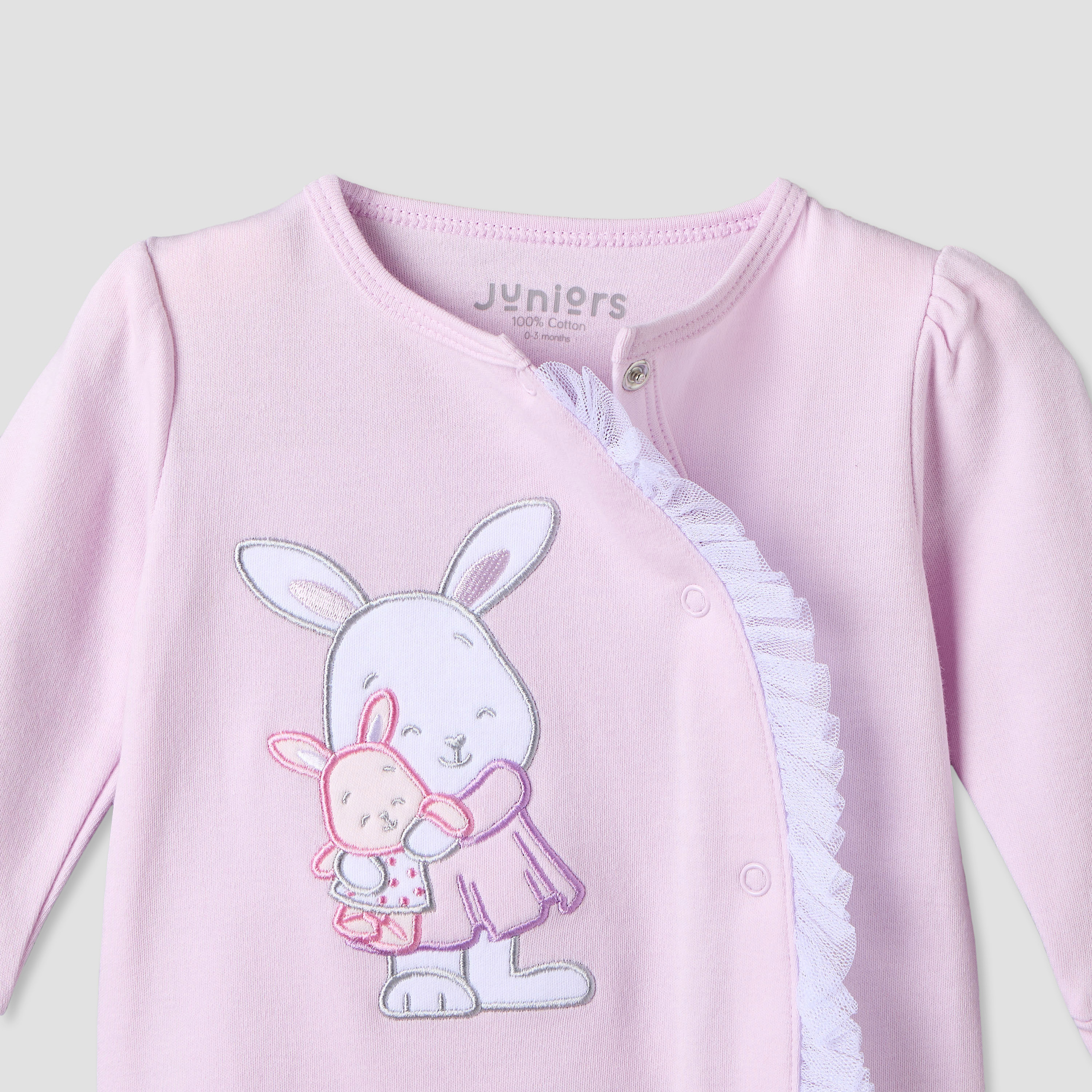 Juniors Cotton Round Neck Long Sleeves Sleepsuit with Bunny Applique-baby-girls-clothing-nightwear-sleepsuits-image-3