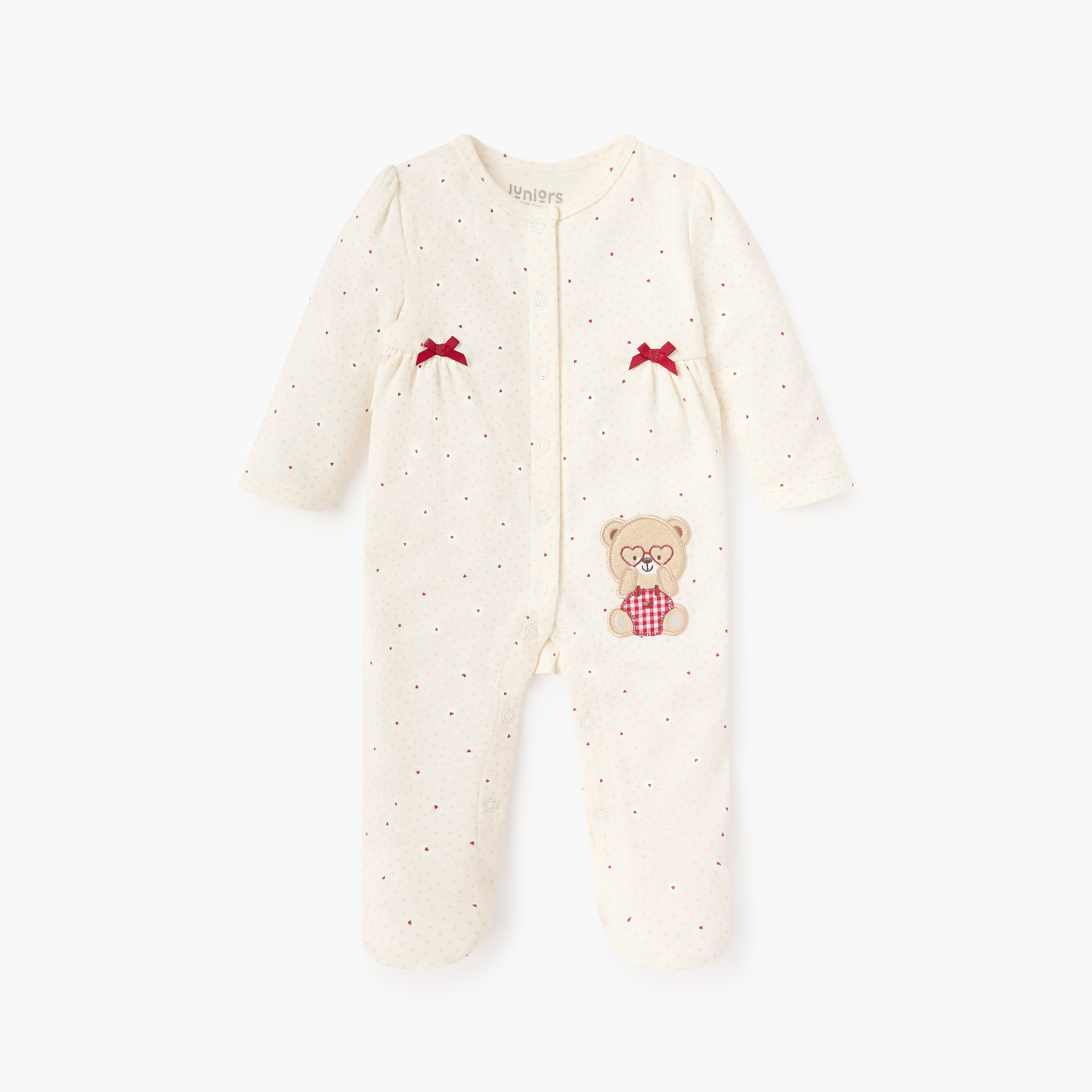 Juniors Bear Applique Closed Foot Sleepsuit with Long Sleeves and Bow Detail-baby-girls-clothing-nightwear-sleepsuits-image-1