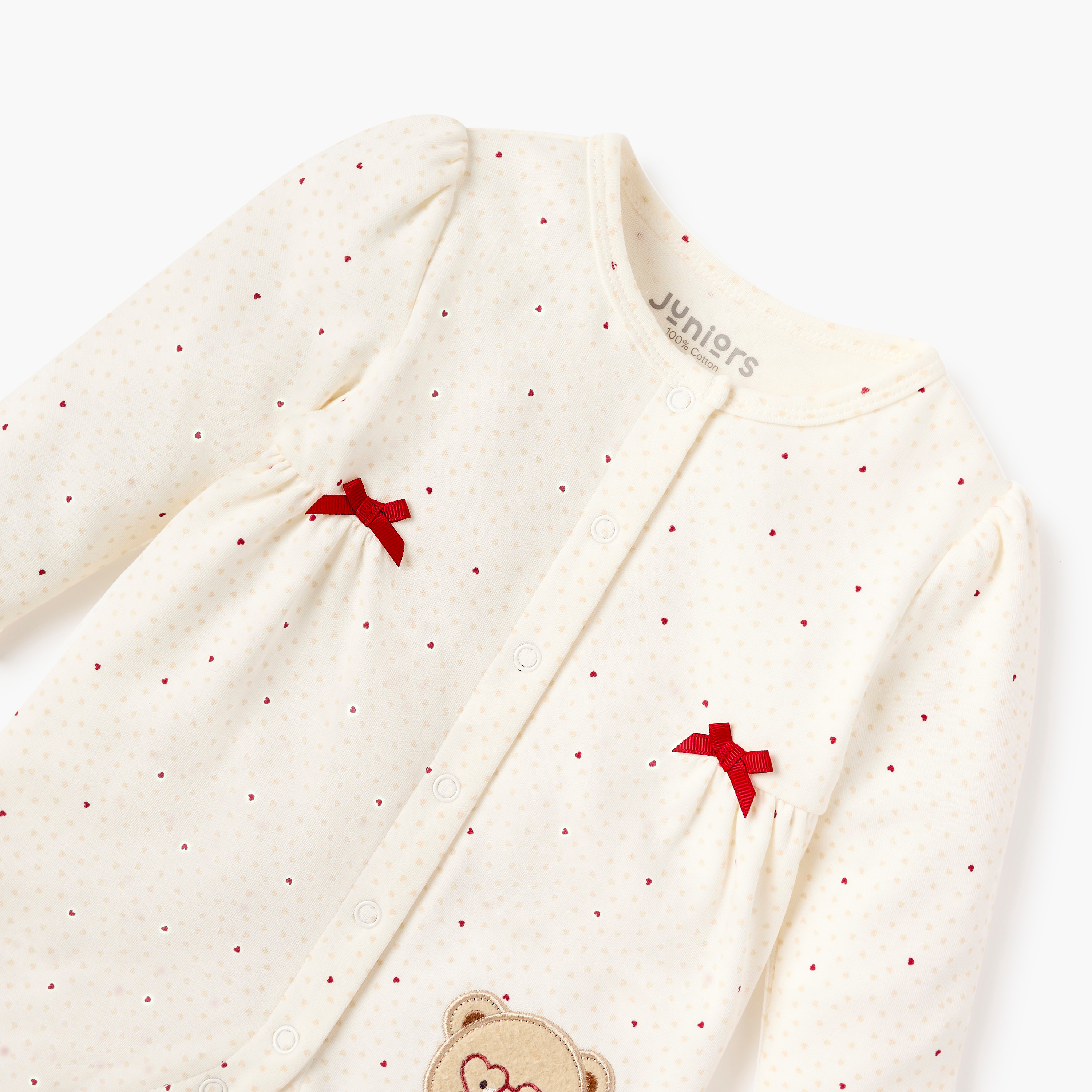 Juniors Bear Applique Closed Foot Sleepsuit with Long Sleeves and Bow Detail-baby-girls-clothing-nightwear-sleepsuits-image-3
