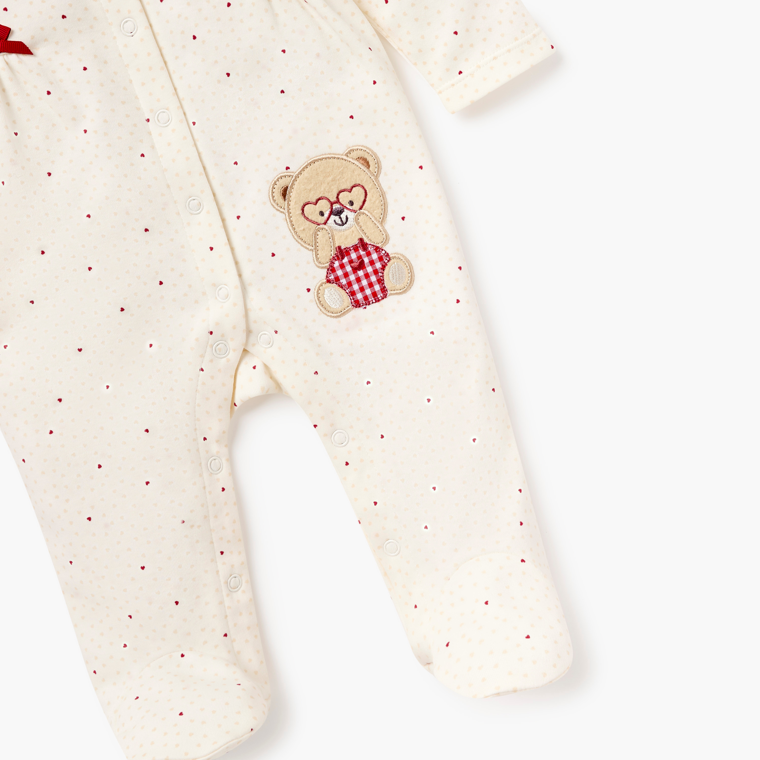 Juniors Bear Applique Closed Foot Sleepsuit with Long Sleeves and Bow Detail-baby-girls-clothing-nightwear-sleepsuits-image-4