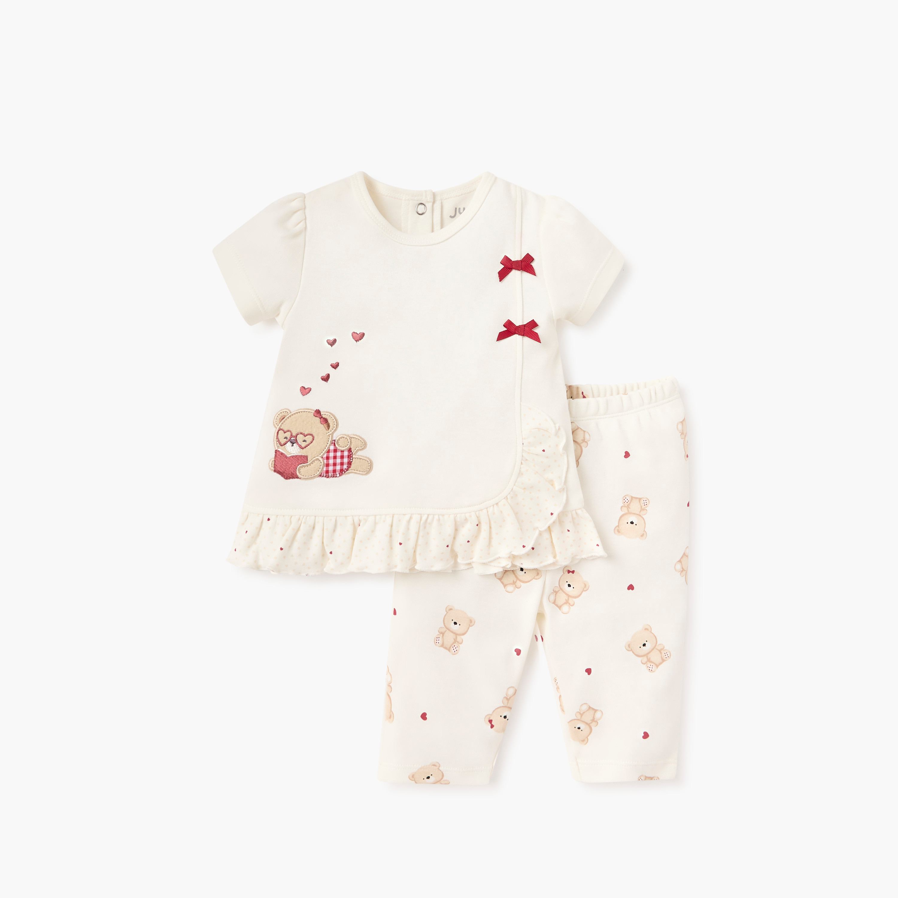 Juniors Bear Print Top and Pyjama Set-baby-girls-clothing-nightwear-pyjamasets-image-1