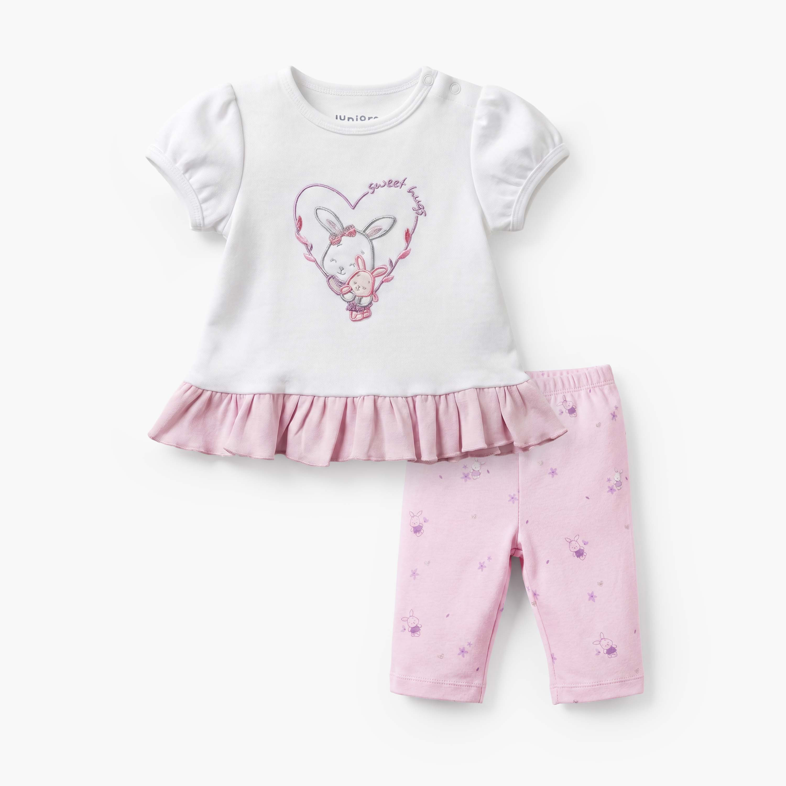 Juniors Cotton Round Neck Short Sleeves Pyjama Set with Bunny Embroidery-baby-girls-clothing-nightwear-pyjamasets-image-1
